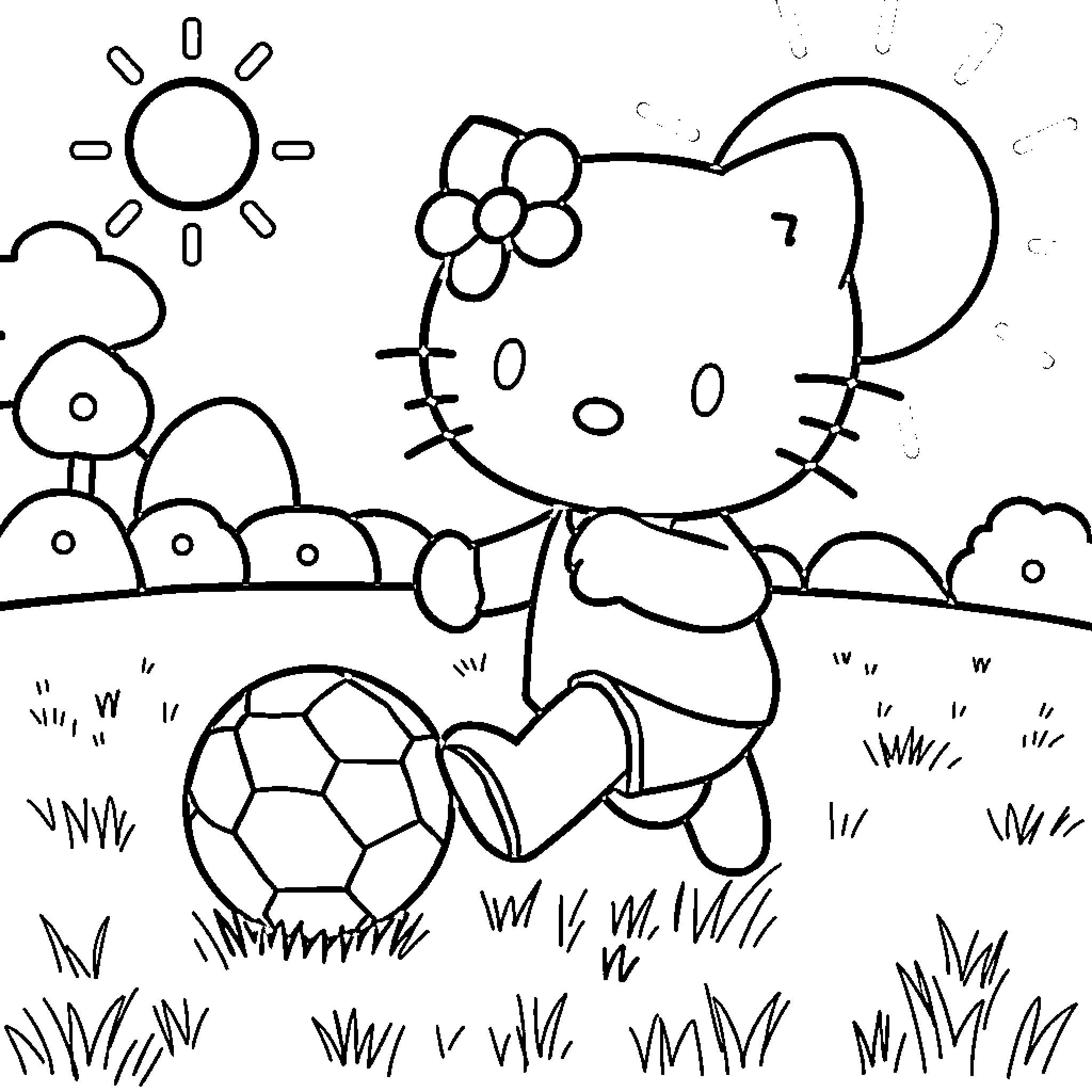 Hello Kitty playing with a soccer ball outdoors Coloring Page (free black-and-white line drawing printable PDF for all, from beginners to advanced learners, including children, teens, adults, and seniors)