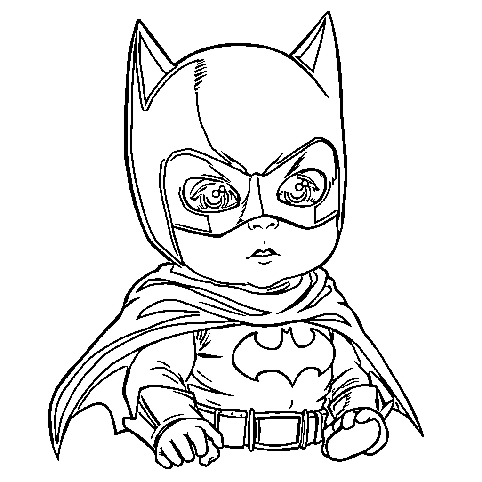 Baby Batman in costume with determined expression Coloring Page (free black-and-white line drawing printable PDF for all, from beginners to advanced learners, including children, teens, adults, and seniors)