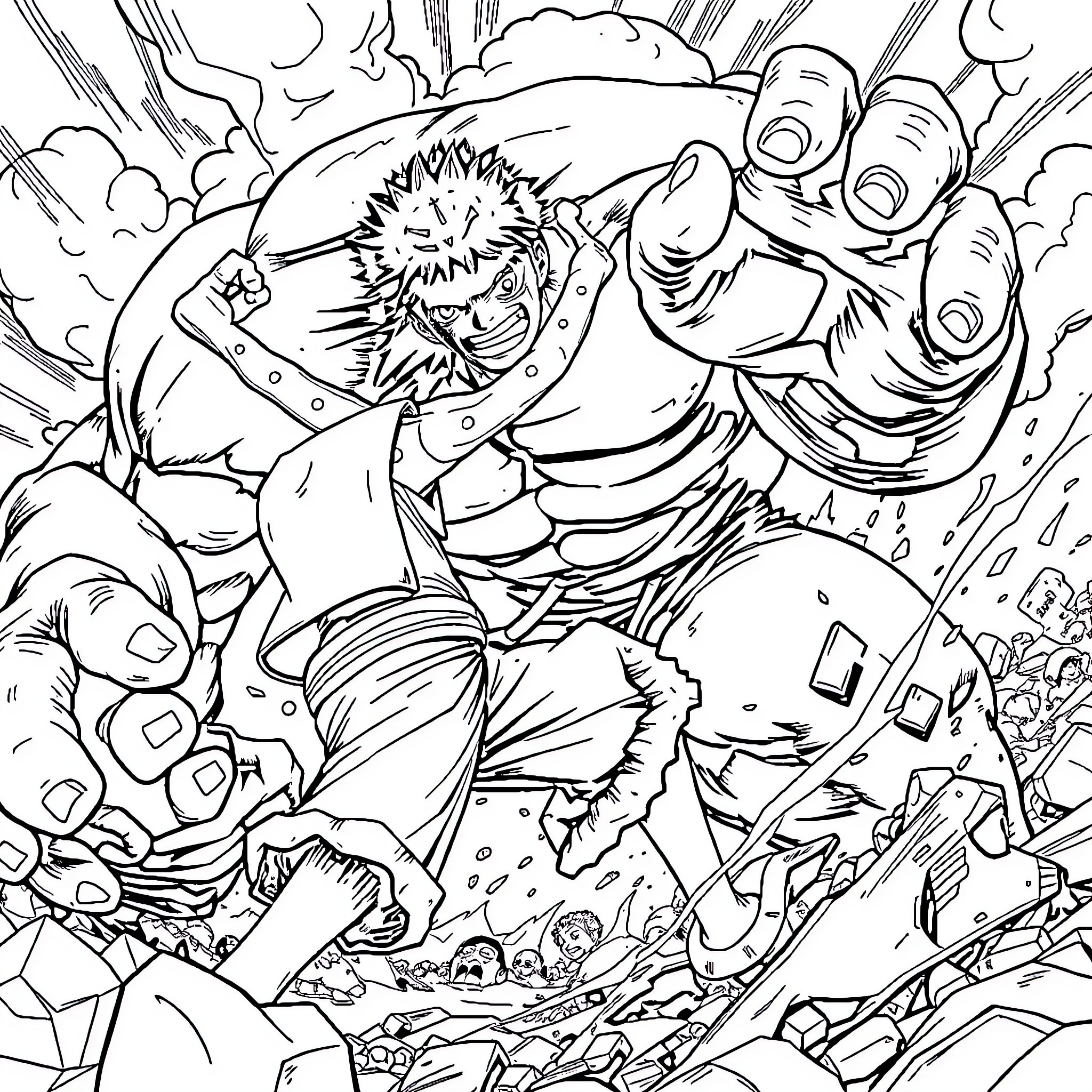 Luffy's Intense Battle Explosion Coloring Page (free black-and-white line drawing printable PDF for all, from beginners to advanced learners, including children, teens, adults, and seniors)