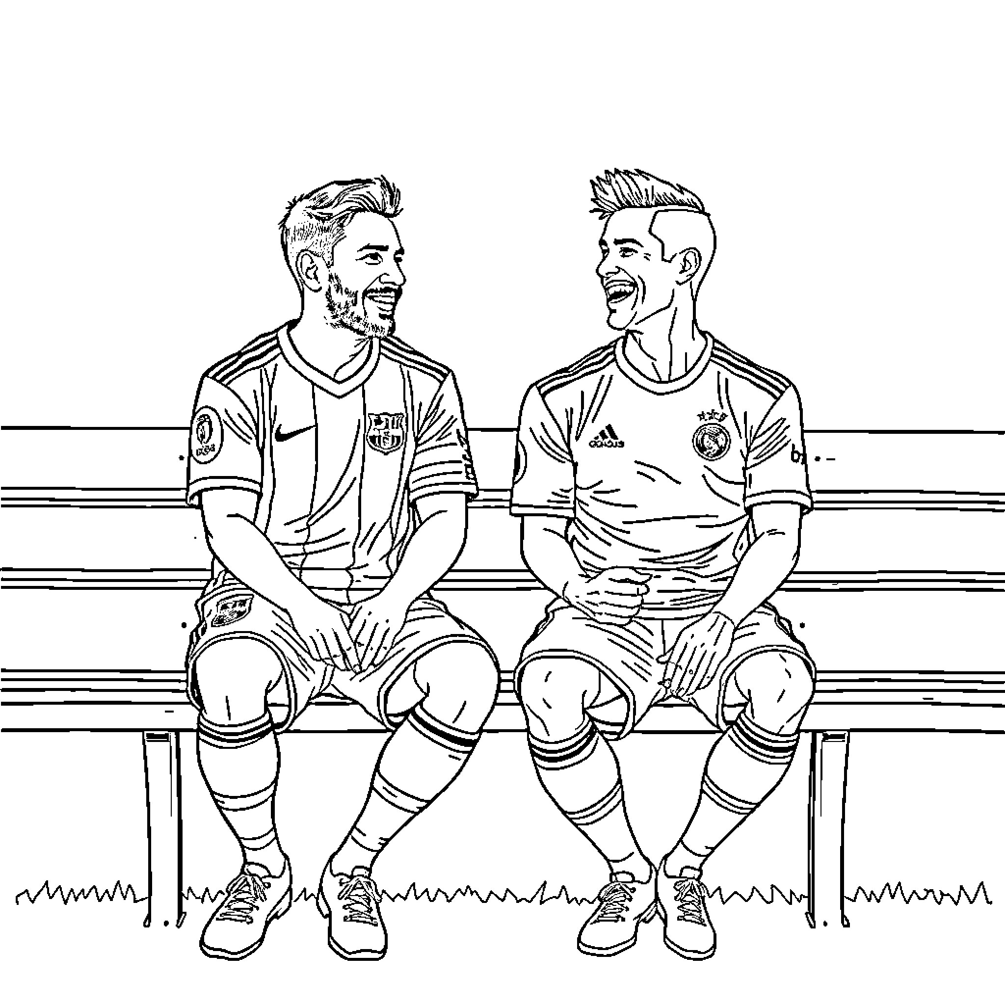 Messi and teammate sharing a laugh on the bench Coloring Page (free black-and-white line drawing printable PDF for all, from beginners to advanced learners, including children, teens, adults, and seniors)
