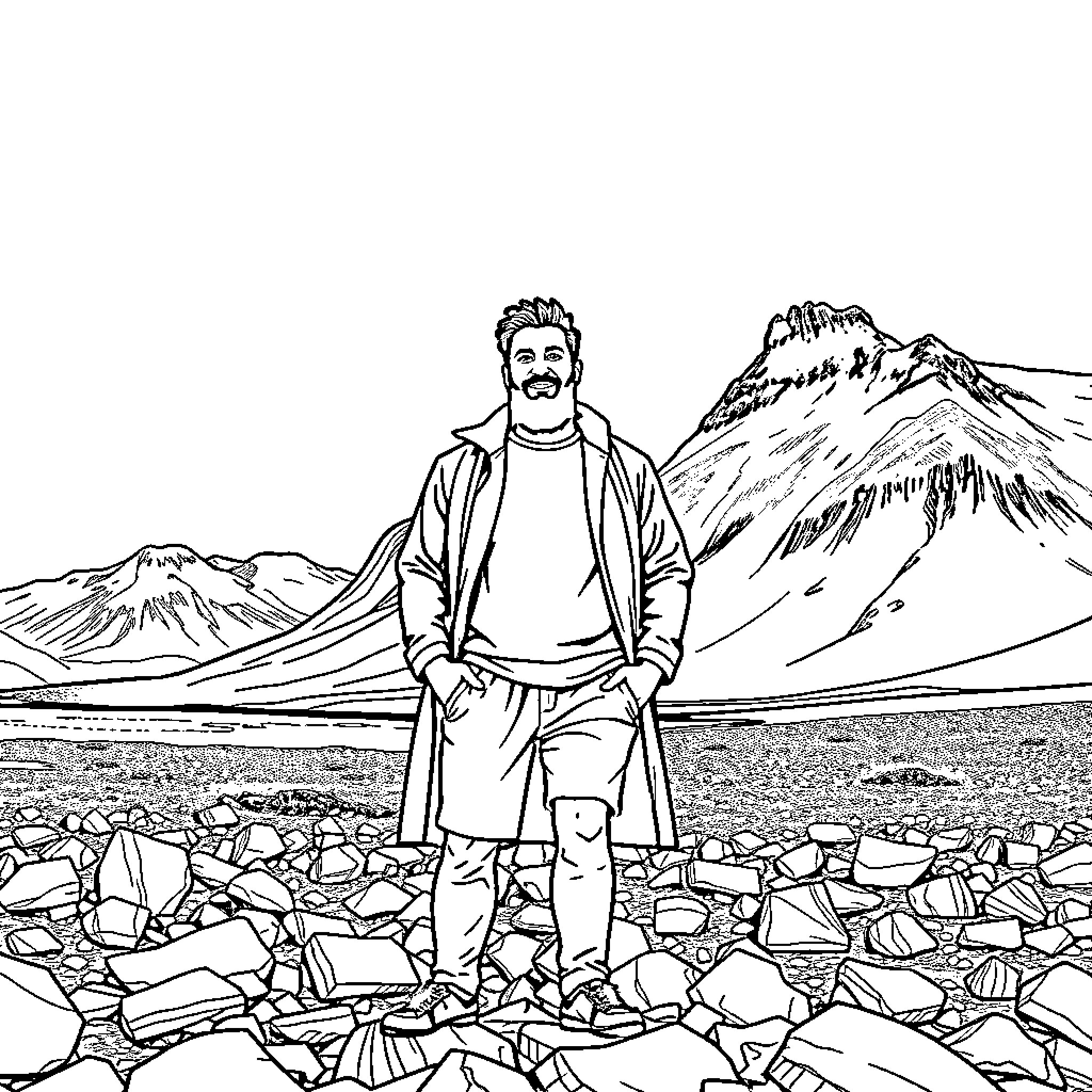 Mo Salah standing amidst scenic mountain landscape Coloring Page (free black-and-white line drawing printable PDF for all, from beginners to advanced learners, including children, teens, adults, and seniors)