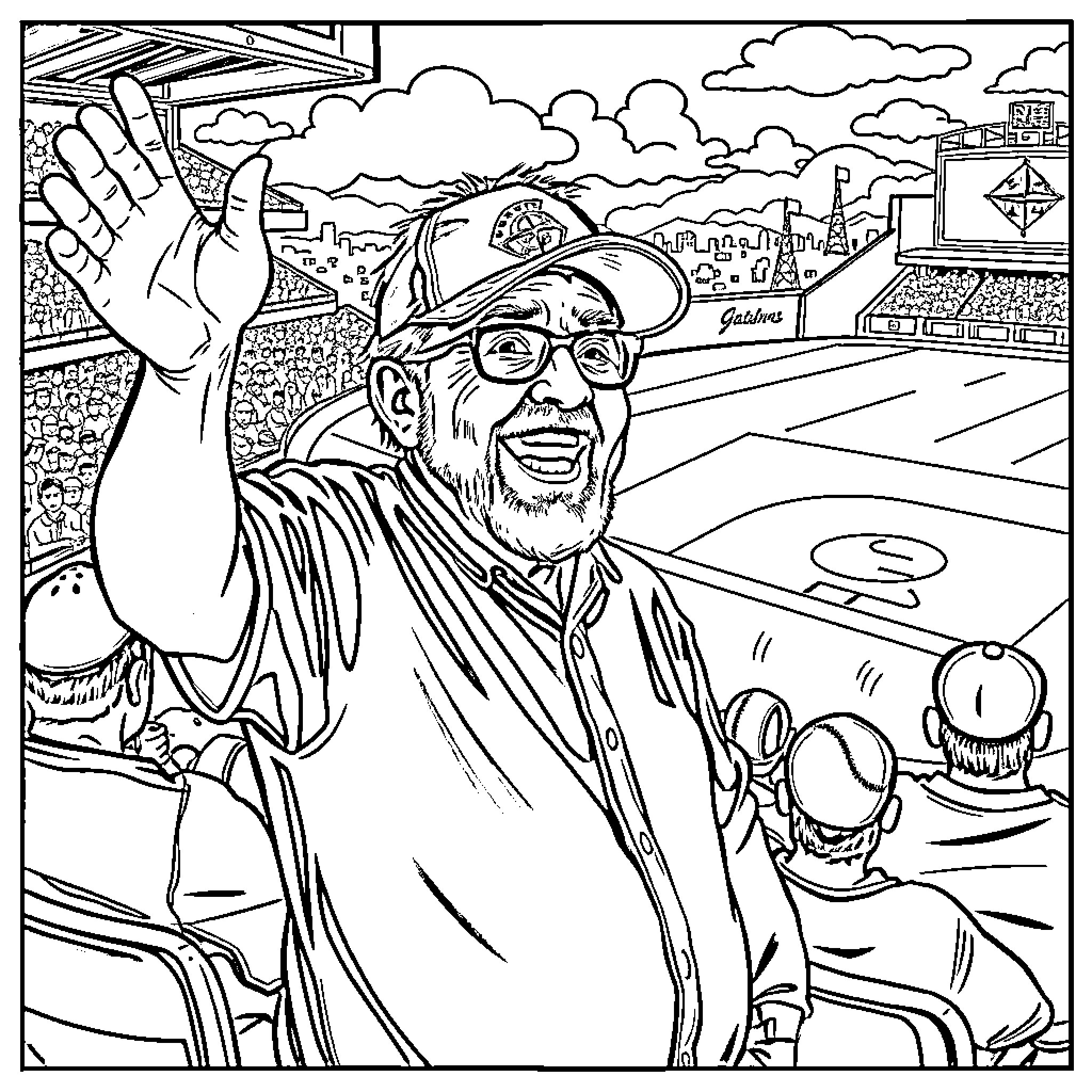 Old Man Cheers Excitedly at Baseball Game Coloring Page (free black-and-white line drawing printable PDF for all, from beginners to advanced learners, including children, teens, adults, and seniors)