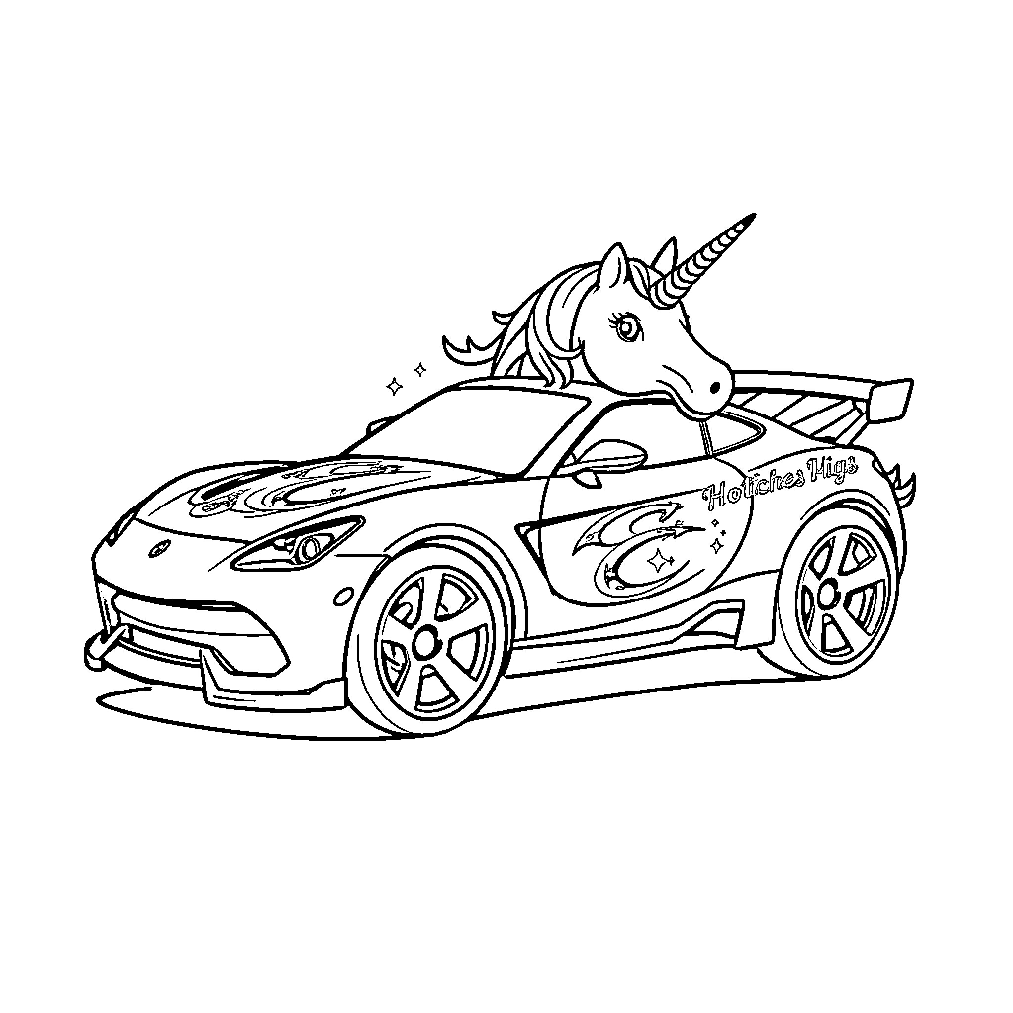 Unicorn riding a sports car with flair Coloring Page (free black-and-white line drawing printable PDF for all, from beginners to advanced learners, including children, teens, adults, and seniors)