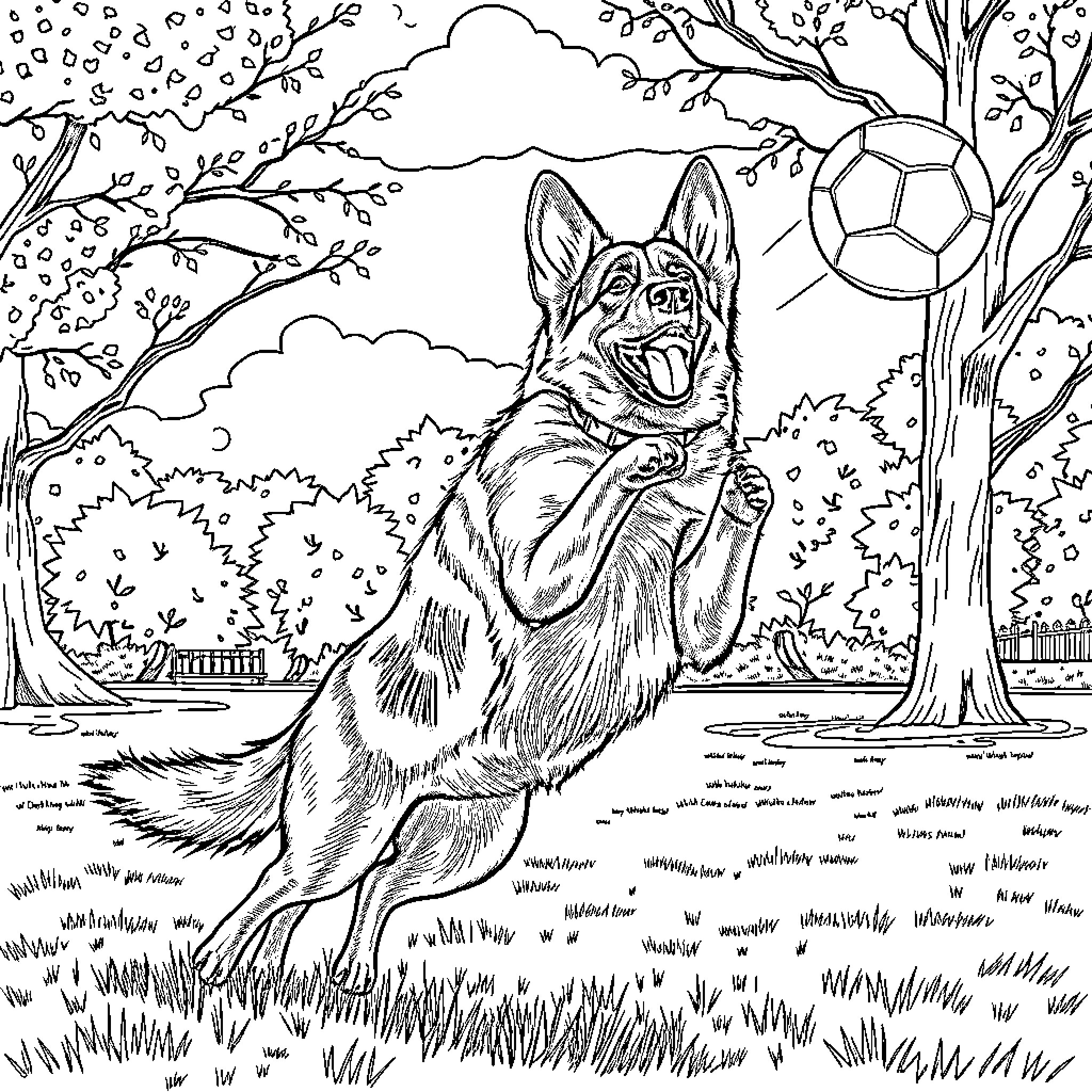 German Shepherd enjoying outdoor play with soccer ball Coloring Page (free black-and-white line drawing printable PDF for all, from beginners to advanced learners, including children, teens, adults, and seniors)