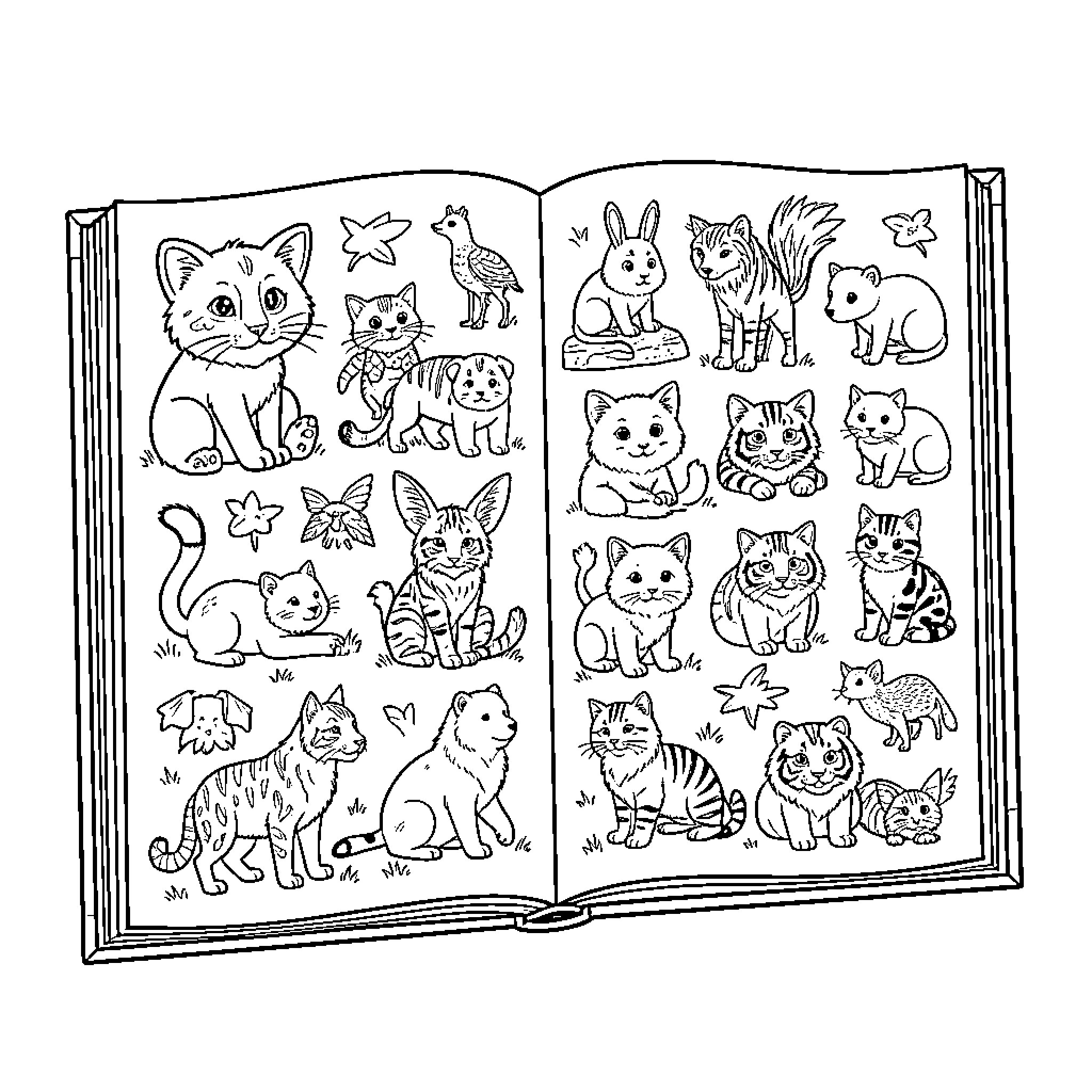 Animal Storybook with Playful Critters Coloring Page (free black-and-white line drawing printable PDF for all, from beginners to advanced learners, including children, teens, adults, and seniors)