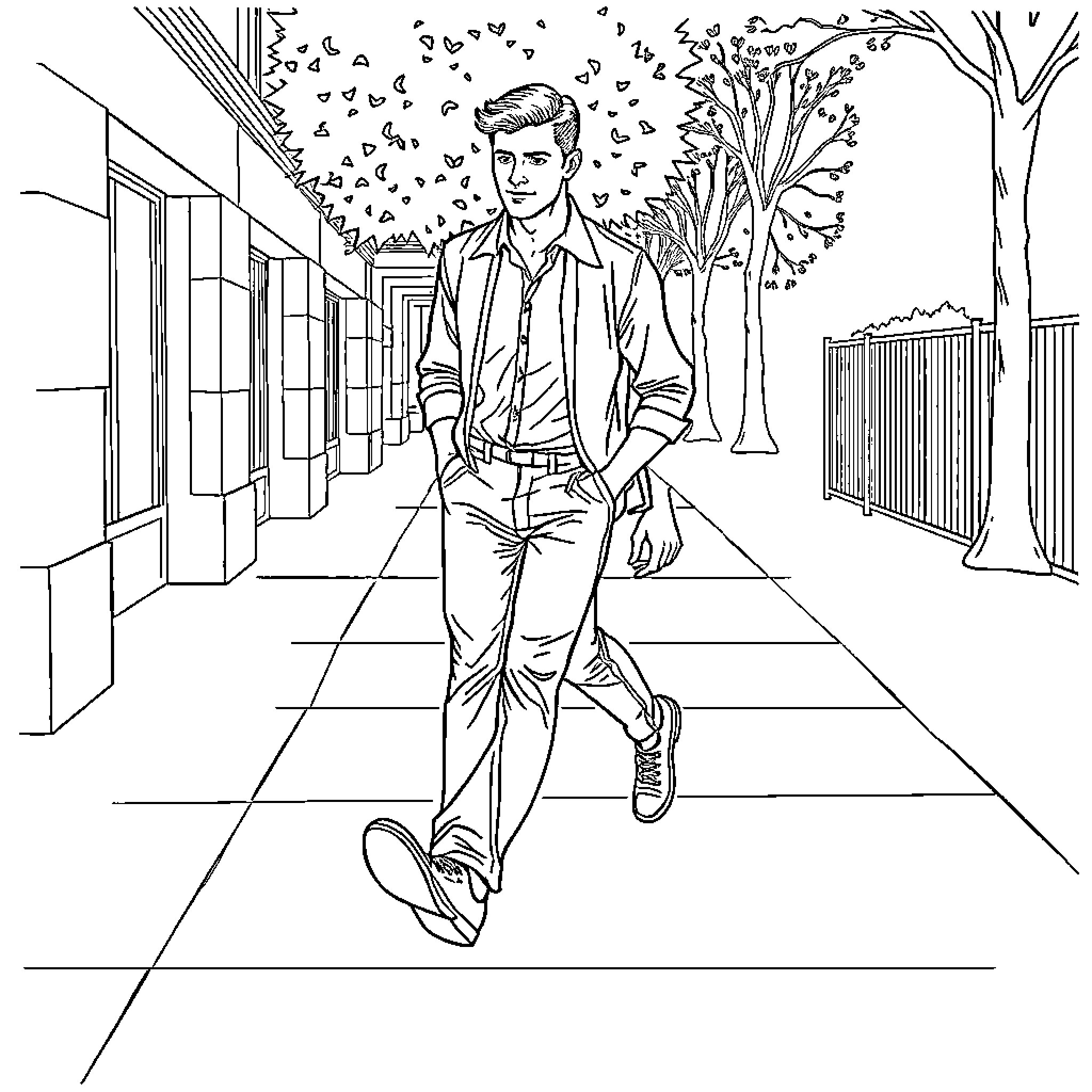 Man walking confidently down the street Coloring Page (free black-and-white line drawing printable PDF for all, from beginners to advanced learners, including children, teens, adults, and seniors)