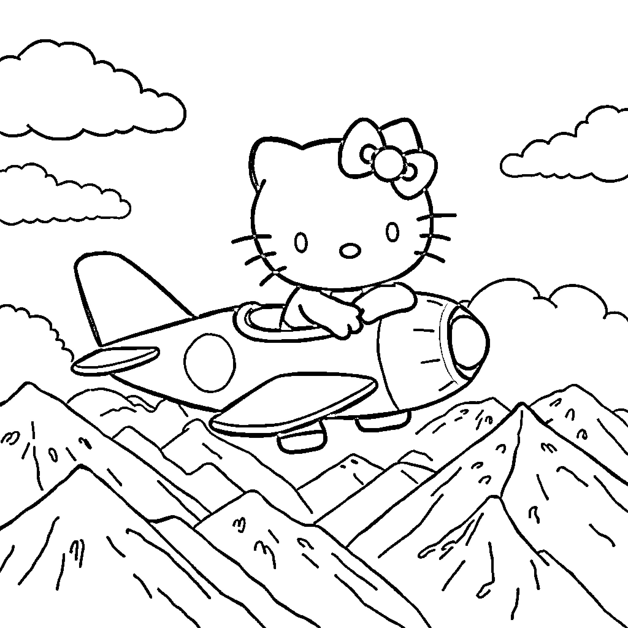 Hello Kitty flying an airplane over mountains Coloring Page (free black-and-white line drawing printable PDF for all, from beginners to advanced learners, including children, teens, adults, and seniors)