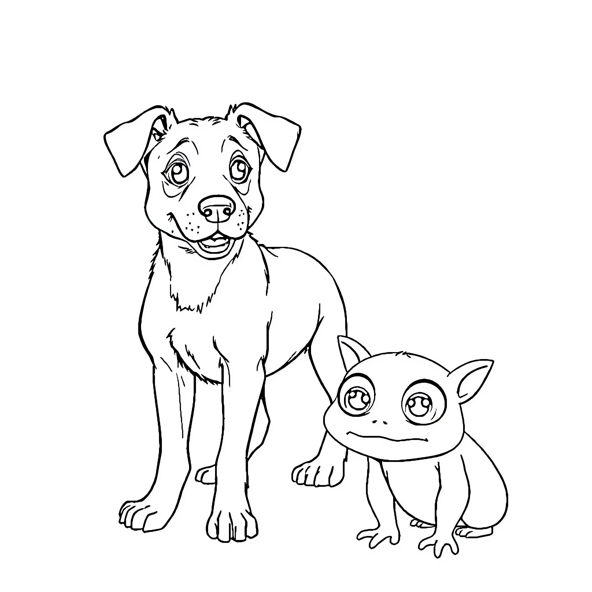 Dog and Frog Sharing a Playful Moment Coloring Page (free black-and-white line drawing printable PDF for all, from beginners to advanced learners, including children, teens, adults, and seniors)