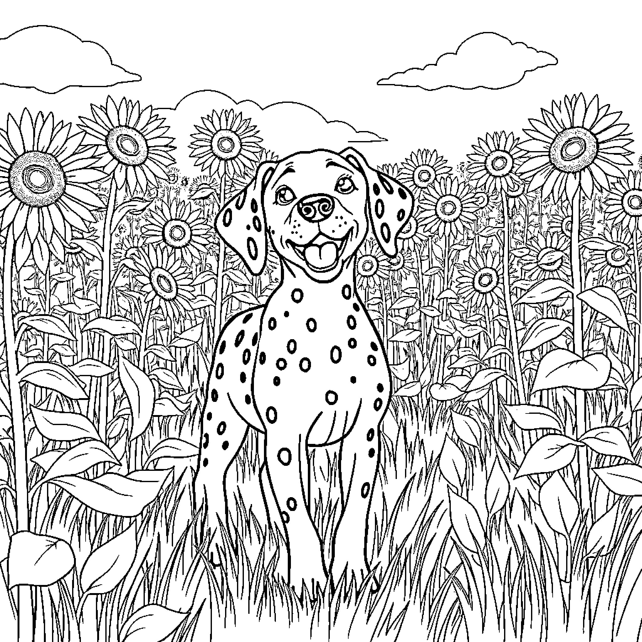Dalmatian enjoying a sunny day in the sunflower field Coloring Page (free black-and-white line drawing printable PDF for all, from beginners to advanced learners, including children, teens, adults, and seniors)