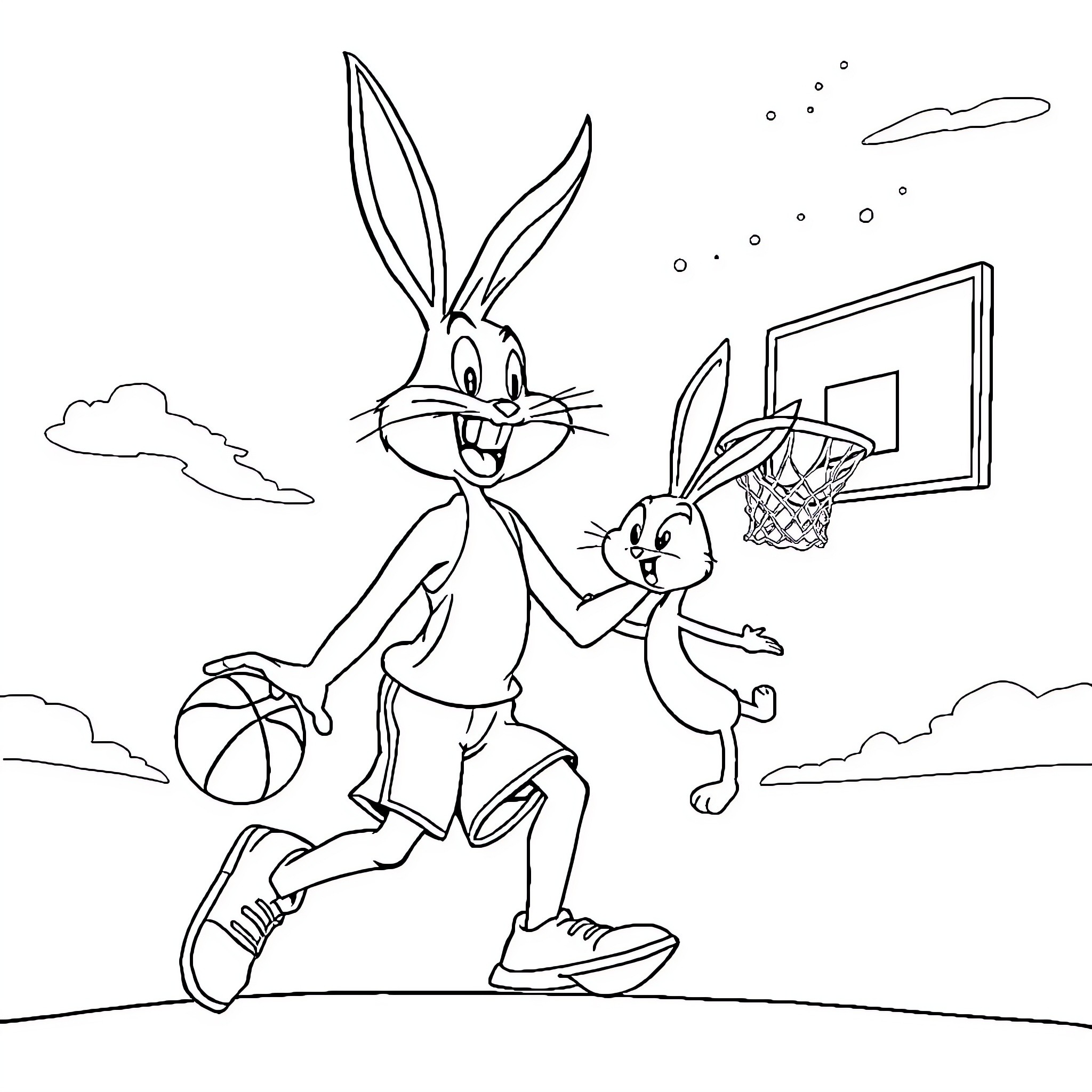 Underman Bunnies Playing Basketball Outdoors Coloring Page (free black-and-white line drawing printable PDF for all, from beginners to advanced learners, including children, teens, adults, and seniors)