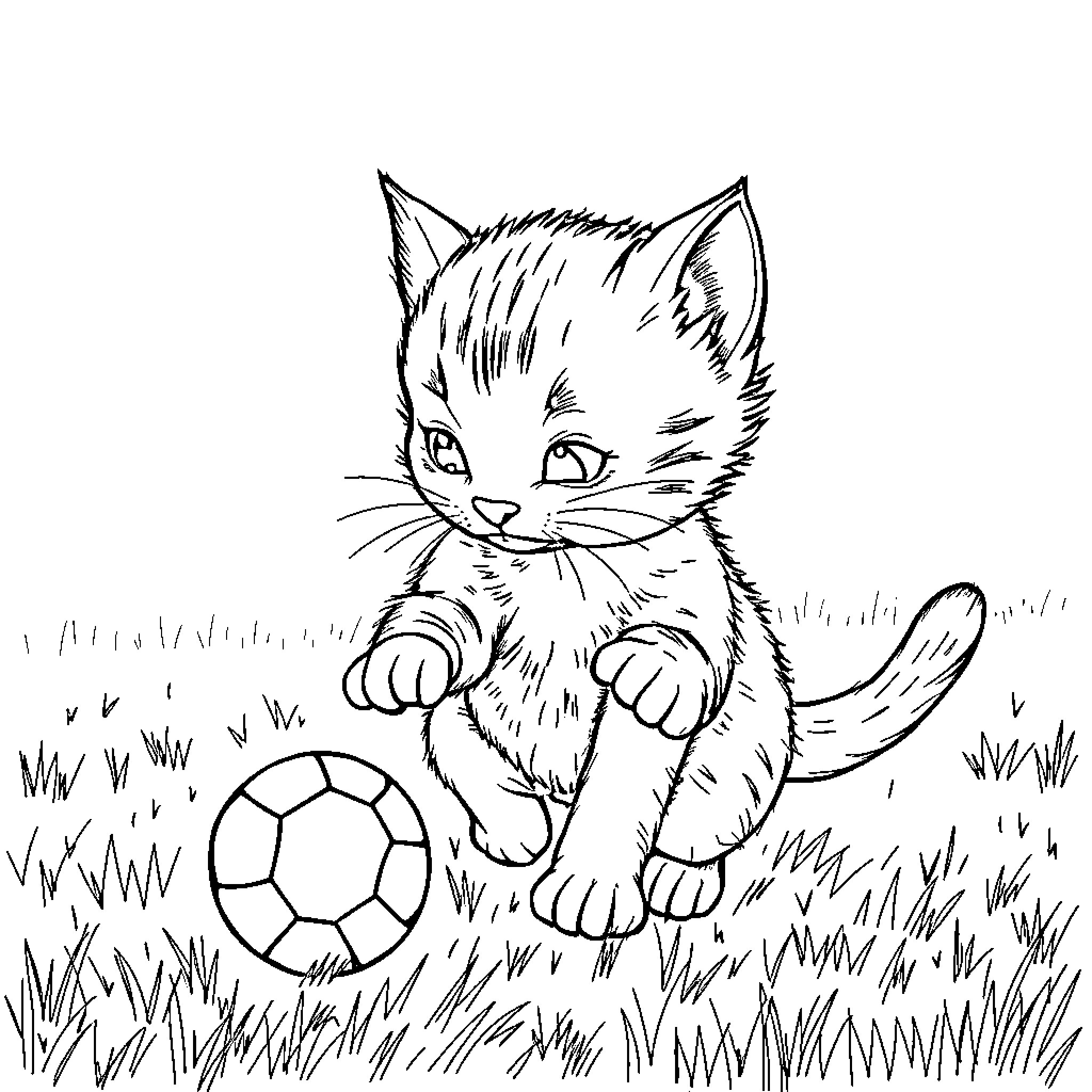 Chat with a Curious Kitten Plays with Ball Coloring Page (free black-and-white line drawing printable PDF for all, from beginners to advanced learners, including children, teens, adults, and seniors)