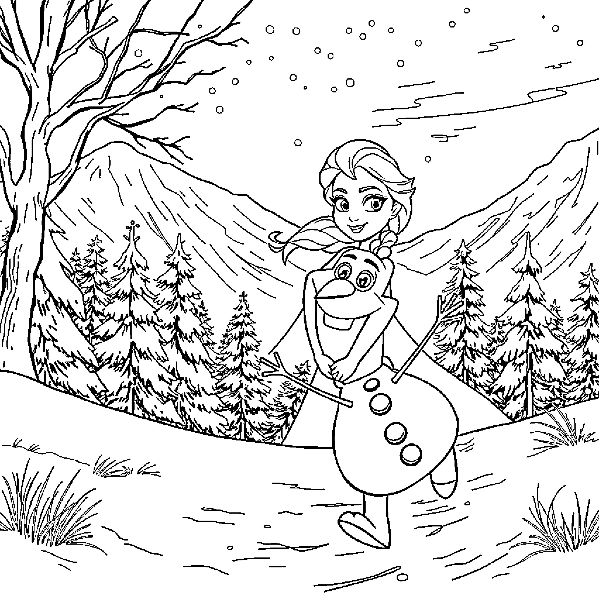 Elsa and Olaf enjoying the winter wonderland Coloring Page (free black-and-white line drawing printable PDF for all, from beginners to advanced learners, including children, teens, adults, and seniors)