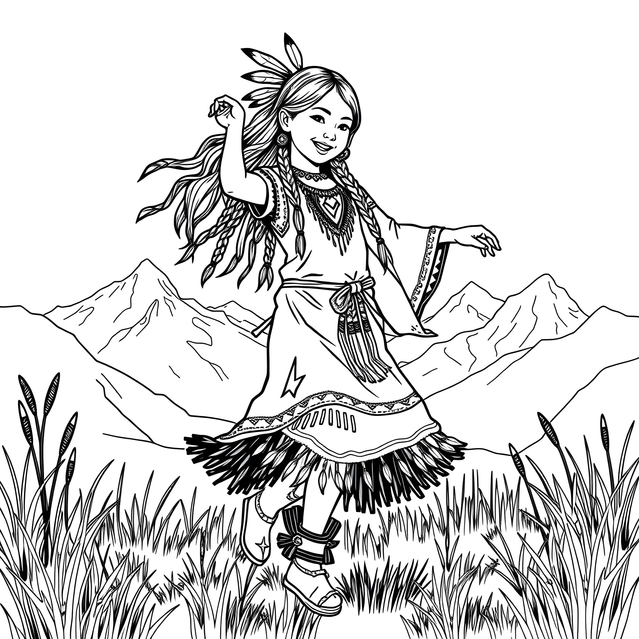 Native American Girl Joyfully Dancing in the Mountains Coloring Page (free black-and-white line drawing printable PDF for all, from beginners to advanced learners, including children, teens, adults, and seniors)