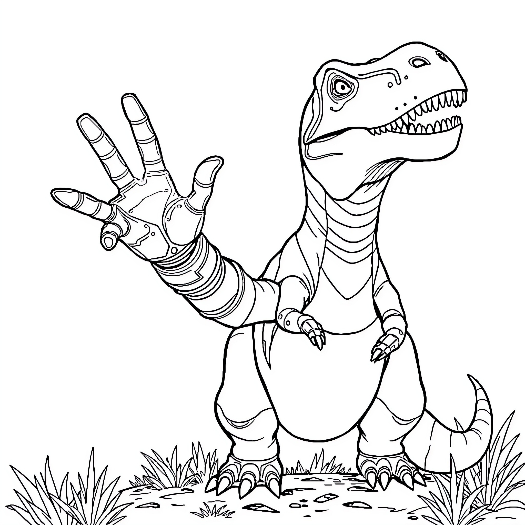Dinosaur waving friendly gesture in nature Coloring Page (free black-and-white line drawing printable PDF for all, from beginners to advanced learners, including children, teens, adults, and seniors)