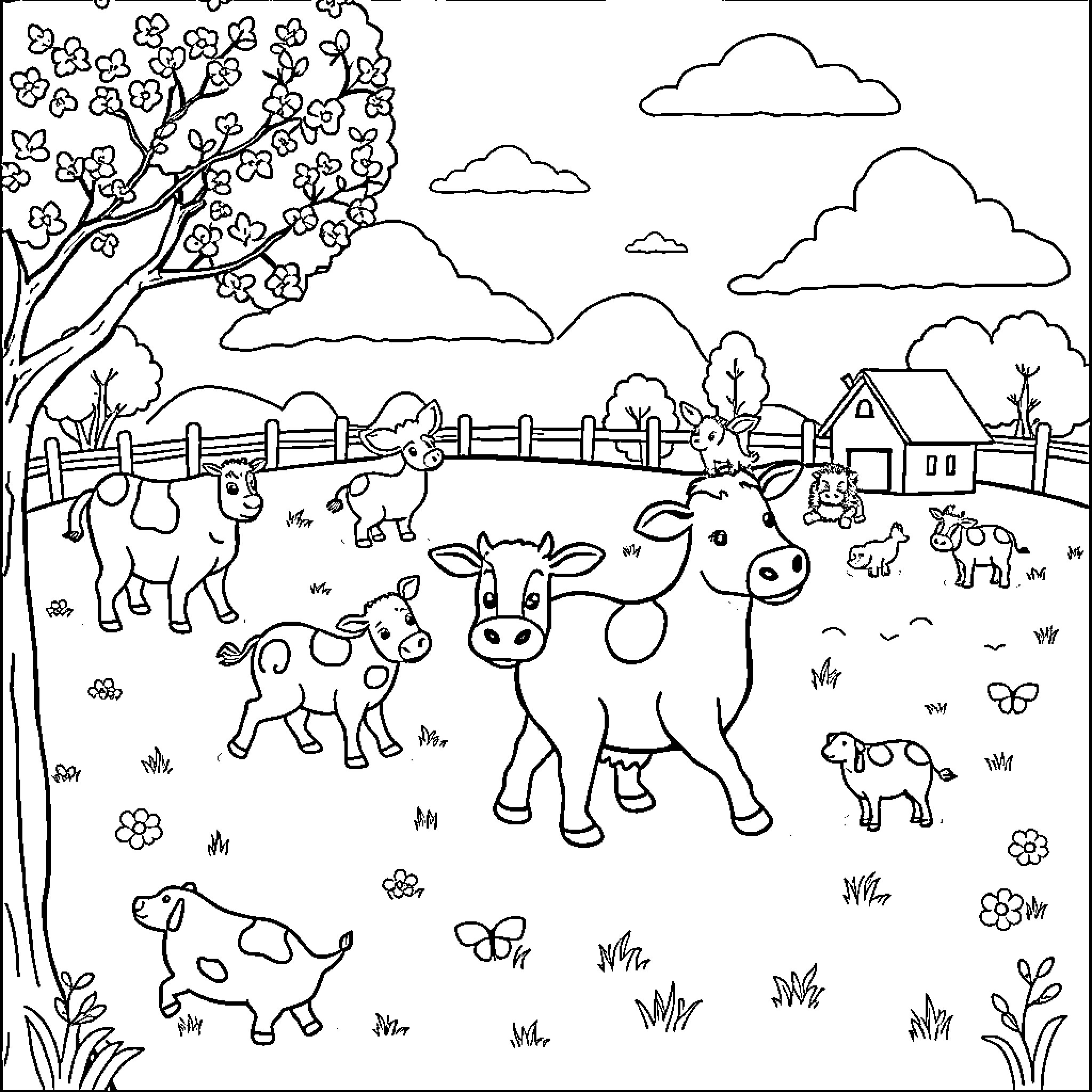 Farm Animals Grazing Peacefully in Pastoral Countryside Coloring Page (free black-and-white line drawing printable PDF for all, from beginners to advanced learners, including children, teens, adults, and seniors)