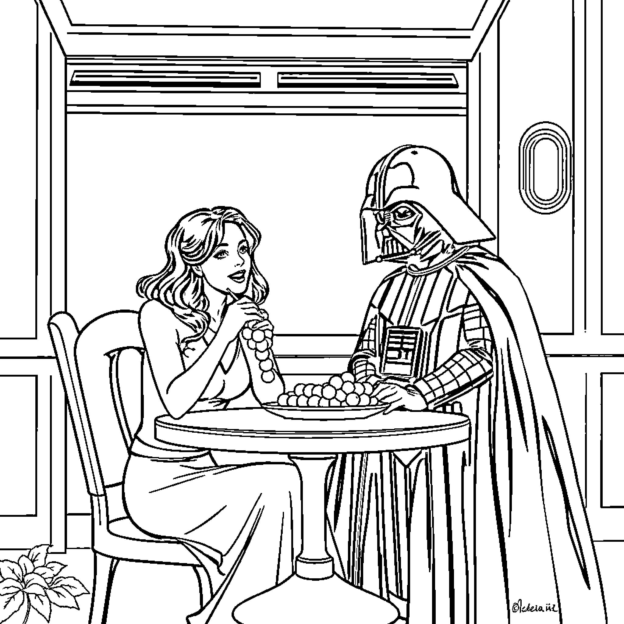 Woman and Darth Vader Enjoying a Meal Together Coloring Page (free black-and-white line drawing printable PDF for all, from beginners to advanced learners, including children, teens, adults, and seniors)