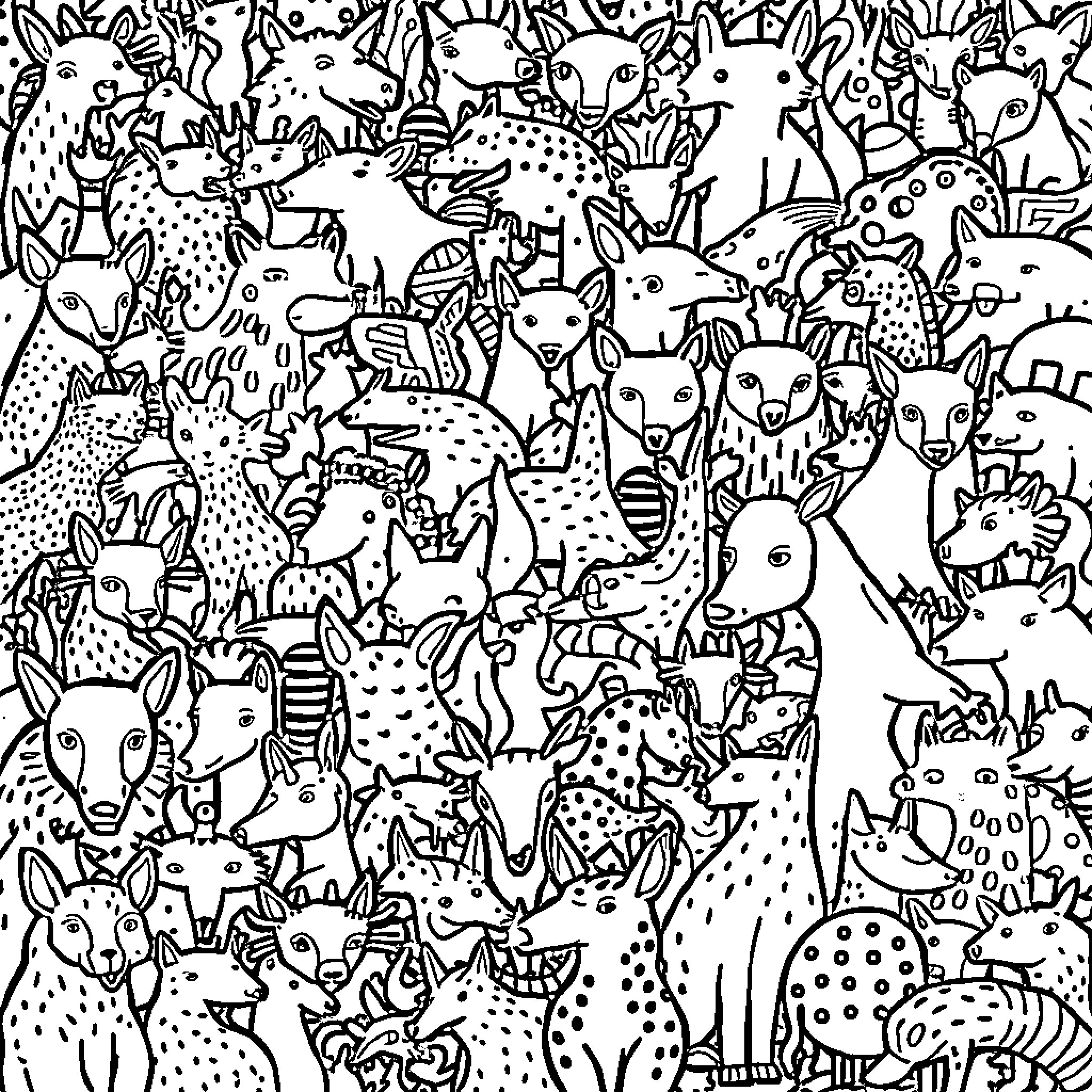 Animal Gathering of Diverse Critters Coloring Page (free black-and-white line drawing printable PDF for all, from beginners to advanced learners, including children, teens, adults, and seniors)