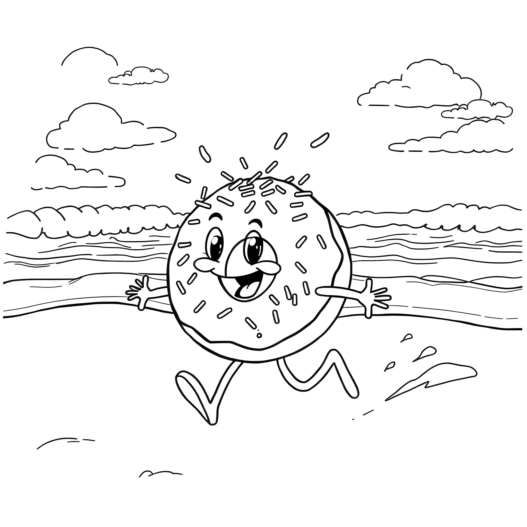 Donut running happily on the beach Coloring Page (free black-and-white line drawing printable PDF for all, from beginners to advanced learners, including children, teens, adults, and seniors)