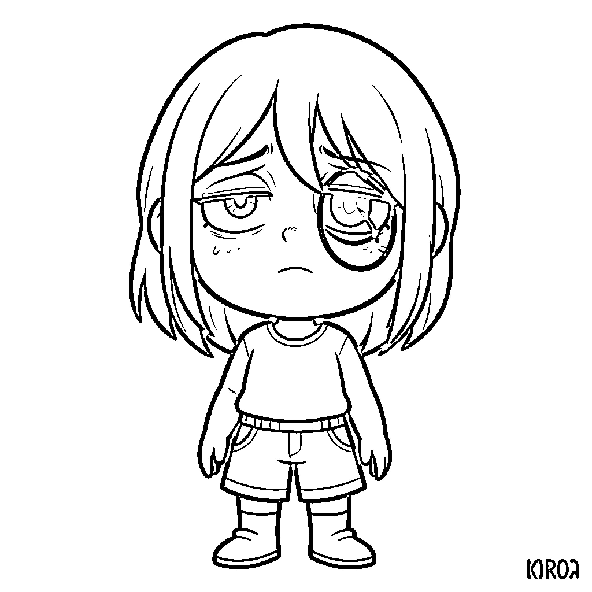 Amity standing with a sad facial expression Coloring Page (free black-and-white line drawing printable PDF for all, from beginners to advanced learners, including children, teens, adults, and seniors)