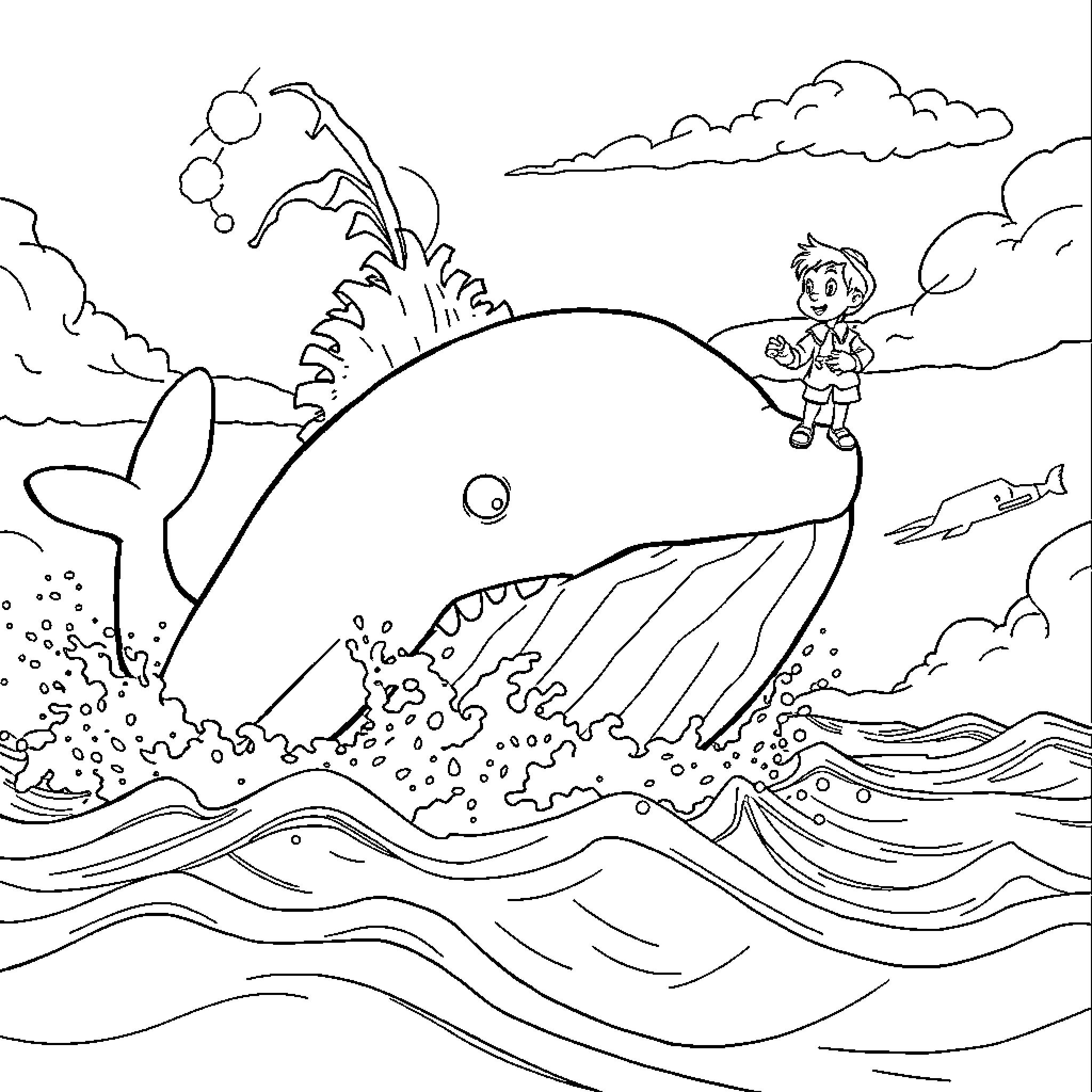 Monstro the Whale Splashing in the Ocean Coloring Page (free black-and-white line drawing printable PDF for all, from beginners to advanced learners, including children, teens, adults, and seniors)