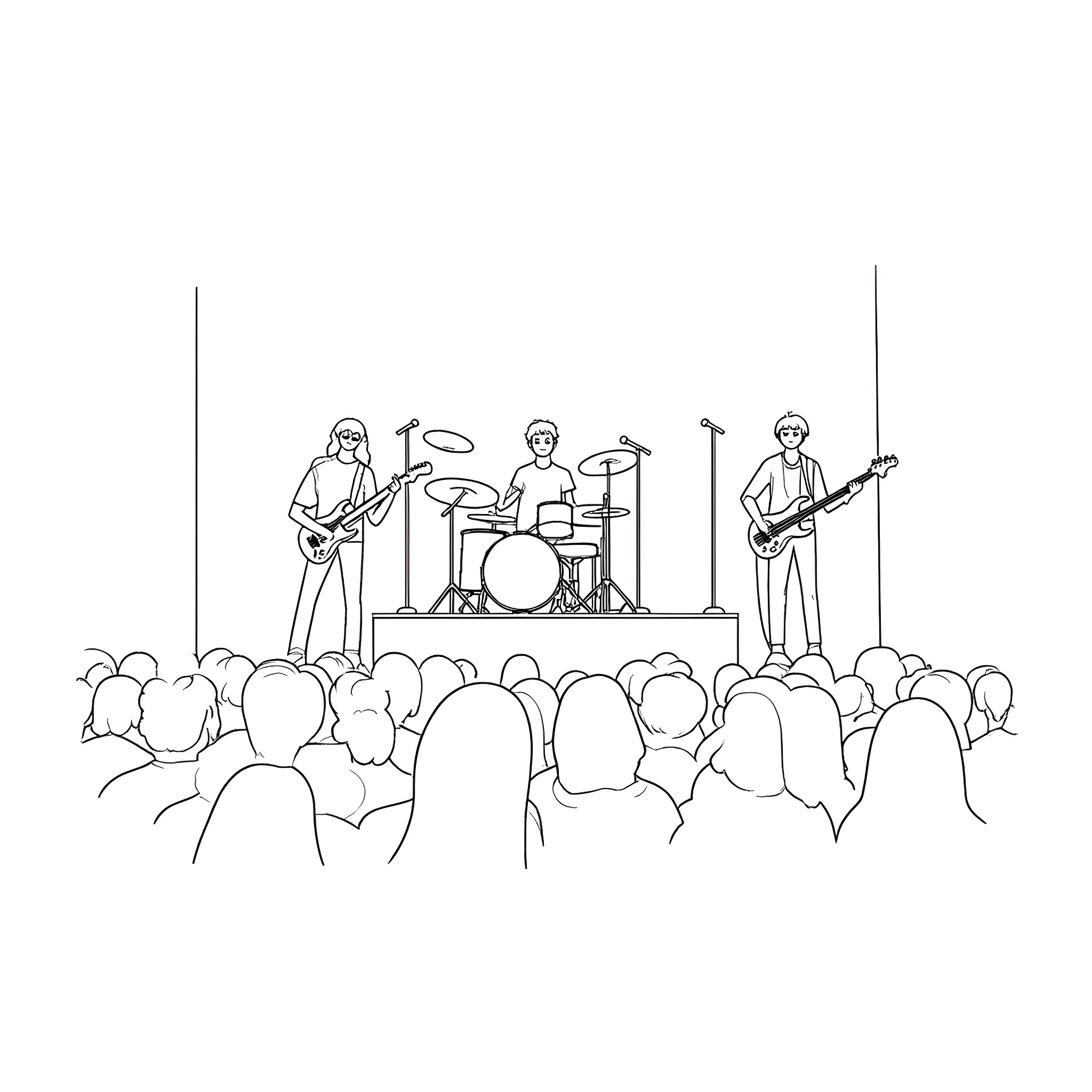 Band performing energetic show for audience Coloring Page (free black-and-white line drawing printable PDF for all, from beginners to advanced learners, including children, teens, adults, and seniors)