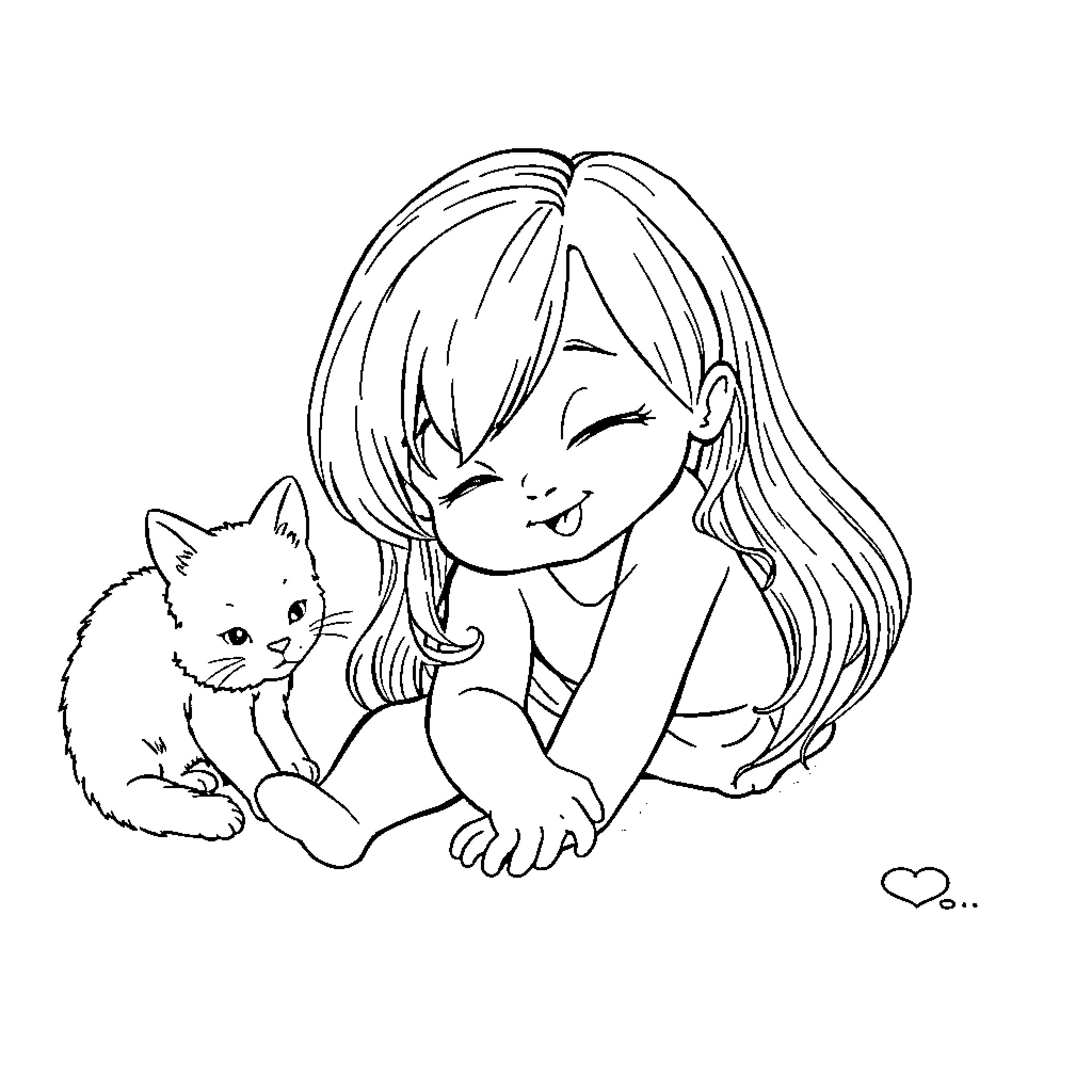 Girl cuddling a playful kitten Coloring Page (free black-and-white line drawing printable PDF for all, from beginners to advanced learners, including children, teens, adults, and seniors)
