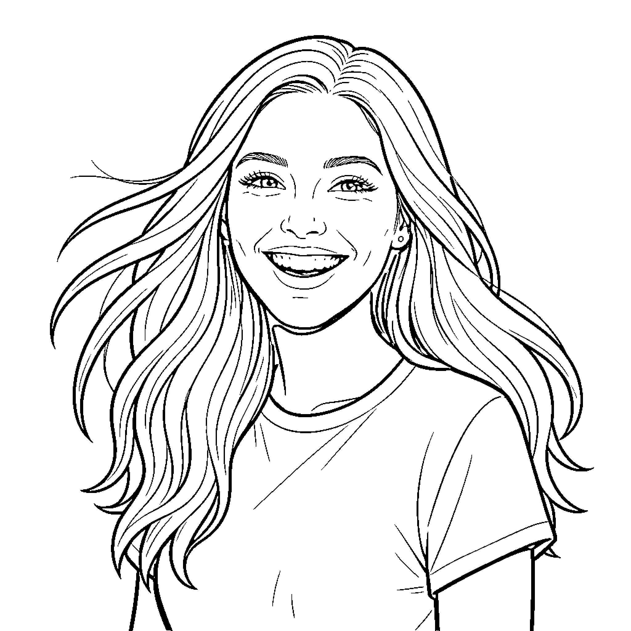 Megan Moroney smiling cheerfully Coloring Page (free black-and-white line drawing printable PDF for all, from beginners to advanced learners, including children, teens, adults, and seniors)