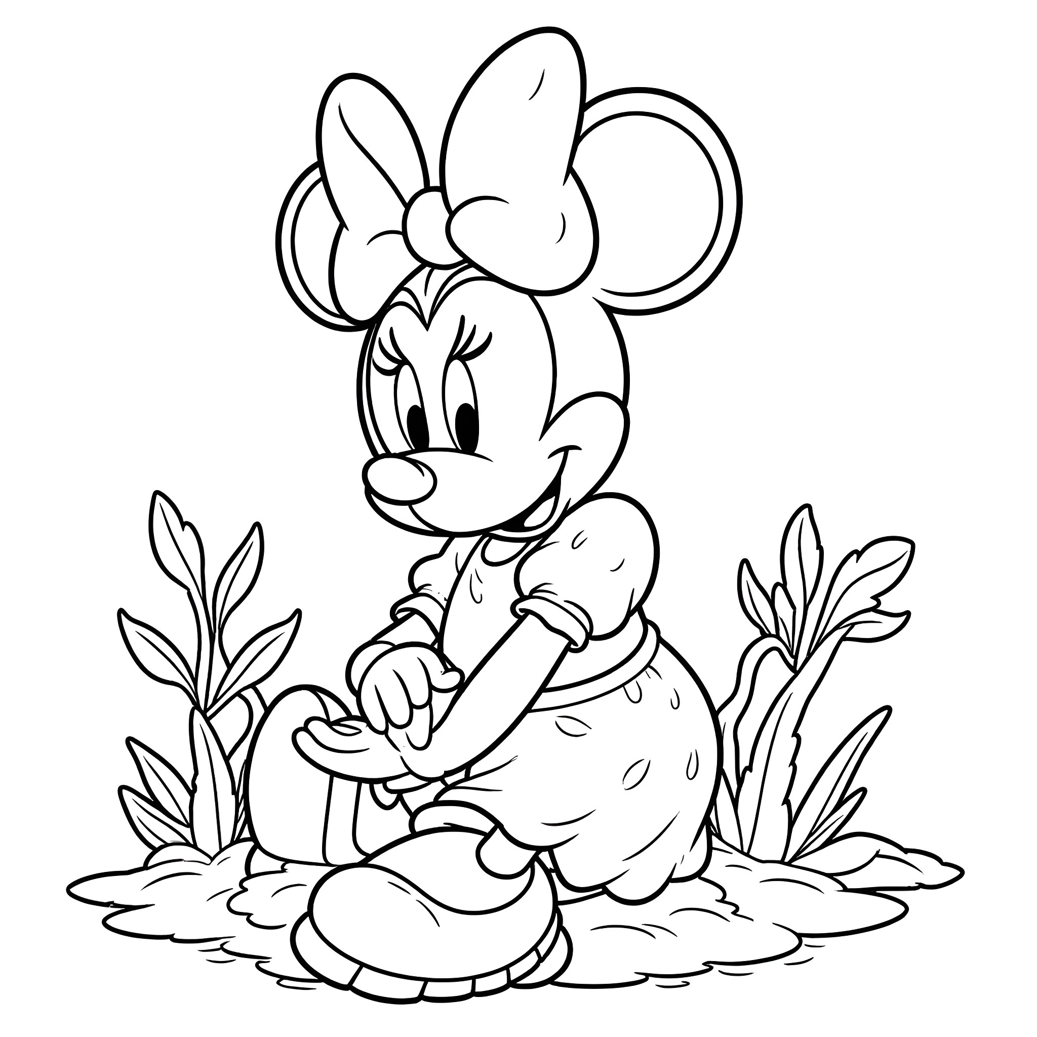 Minnie Mouse sitting in a field of flowers Coloring Page (free black-and-white line drawing printable PDF for all, from beginners to advanced learners, including children, teens, adults, and seniors)