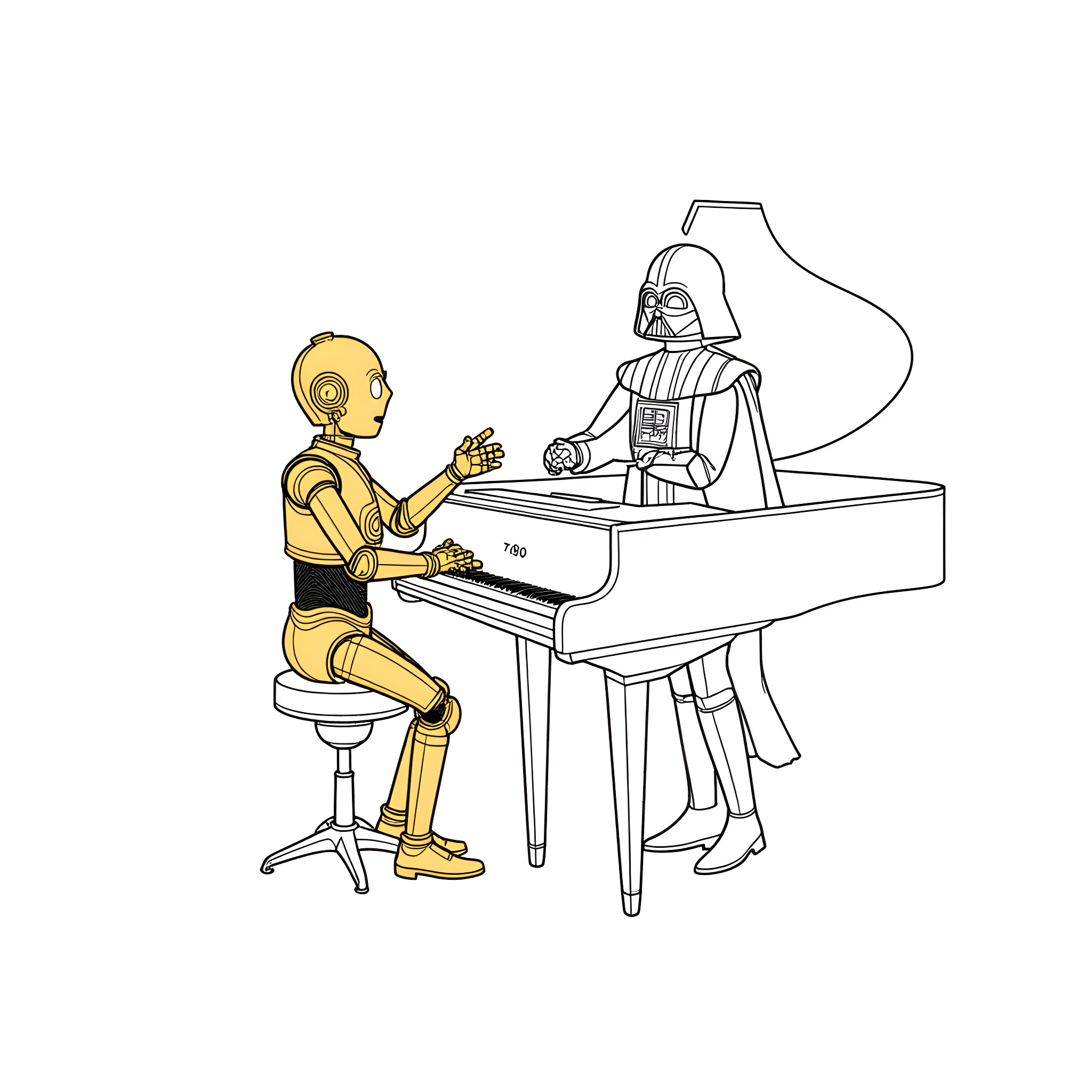 C-3PO playing piano with Darth Vader Coloring Page (free black-and-white line drawing printable PDF for all, from beginners to advanced learners, including children, teens, adults, and seniors)