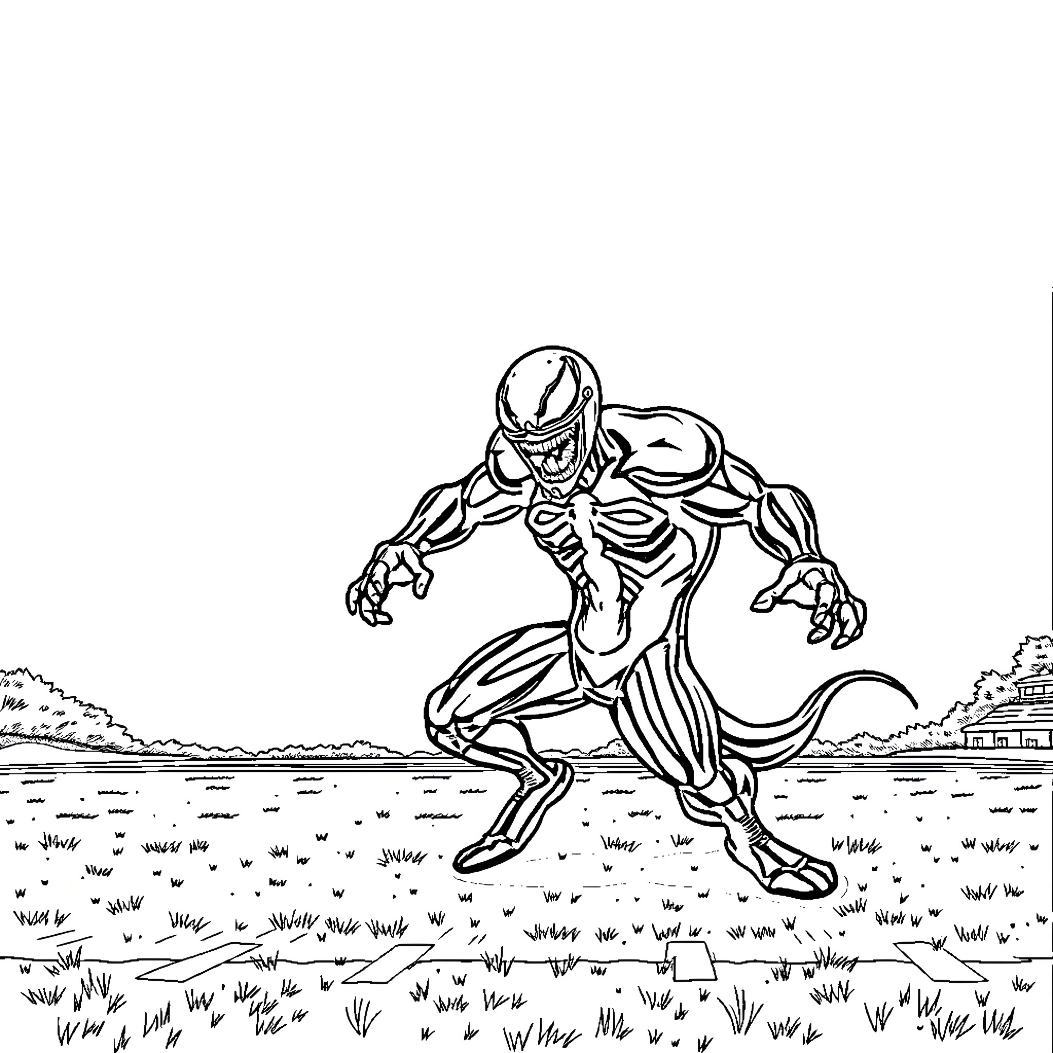 Venom stalking through the wilderness Coloring Page (free black-and-white line drawing printable PDF for all, from beginners to advanced learners, including children, teens, adults, and seniors)