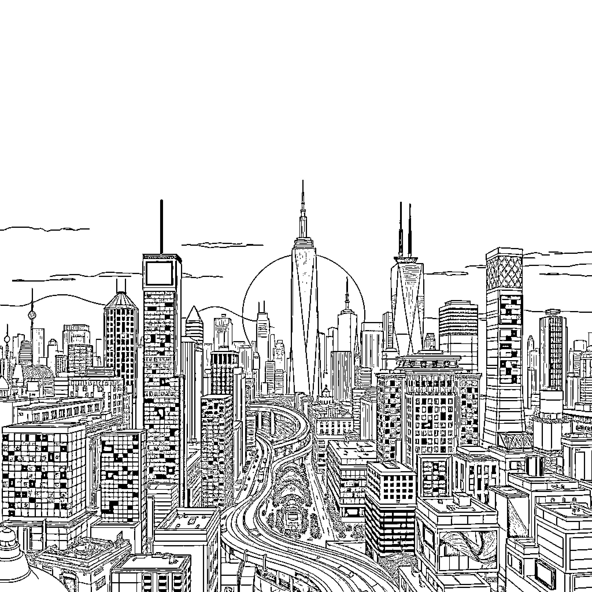 City skyline with towering skyscrapers and bustling streets Coloring Page (free black-and-white line drawing printable PDF for all, from beginners to advanced learners, including children, teens, adults, and seniors)