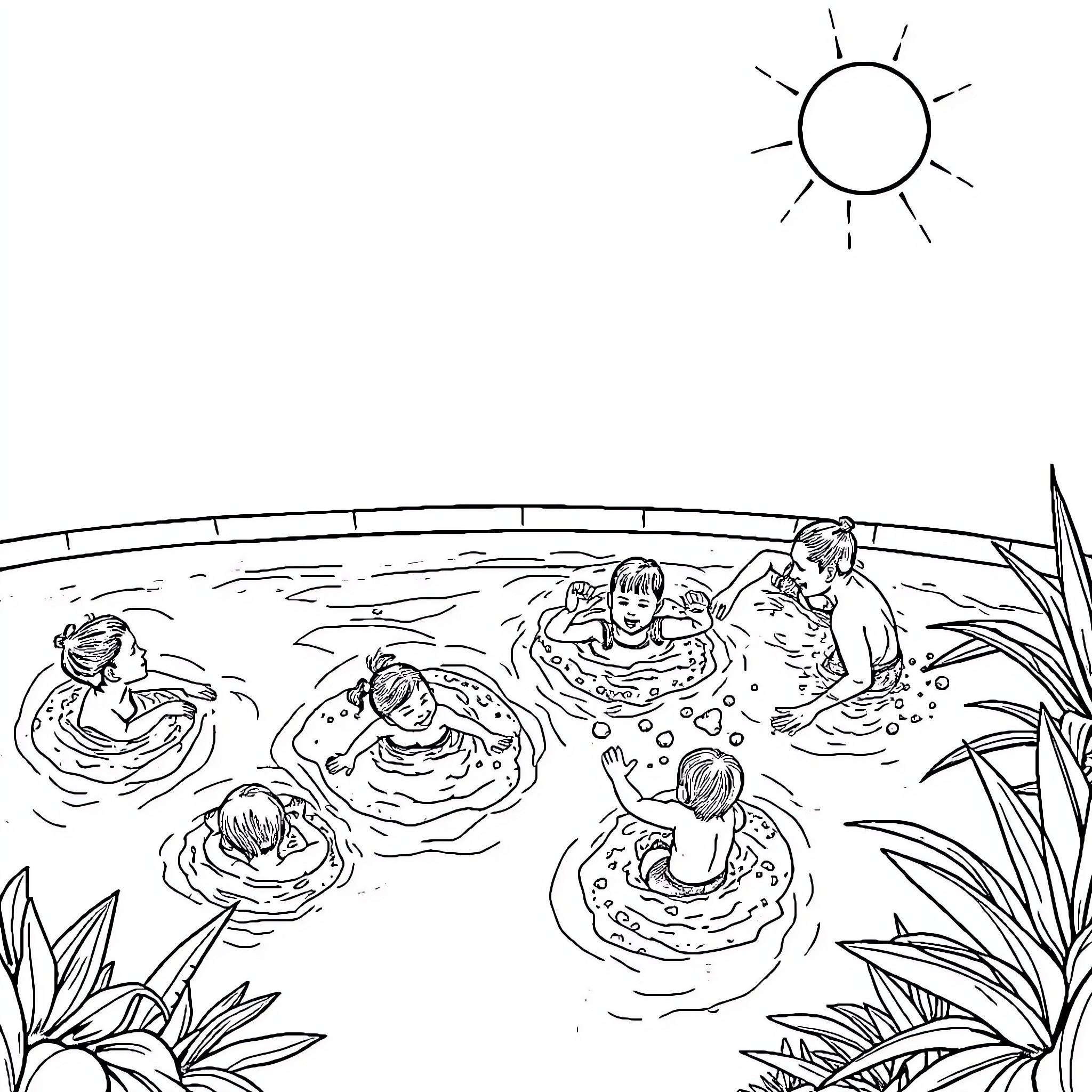 Pool Party Fun Under the Sun Coloring Page (free black-and-white line drawing printable PDF for all, from beginners to advanced learners, including children, teens, adults, and seniors)
