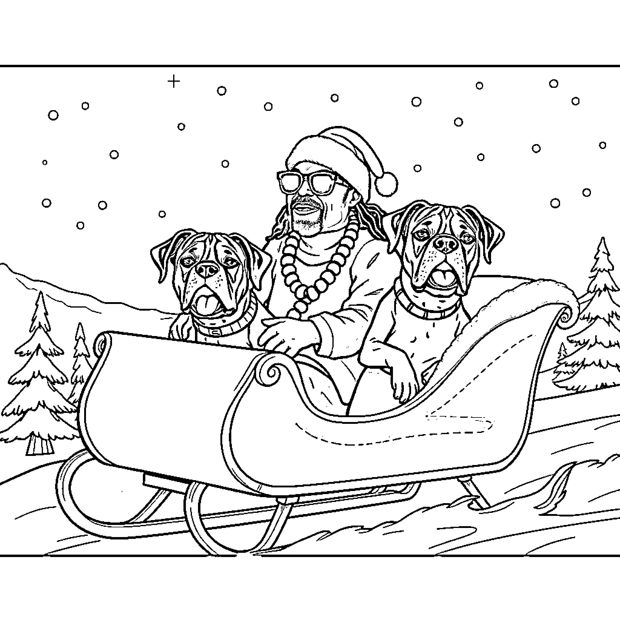 Snoop Dogg relaxing with his canine companions in a winter wonderland Coloring Page (free black-and-white line drawing printable PDF for all, from beginners to advanced learners, including children, teens, adults, and seniors)
