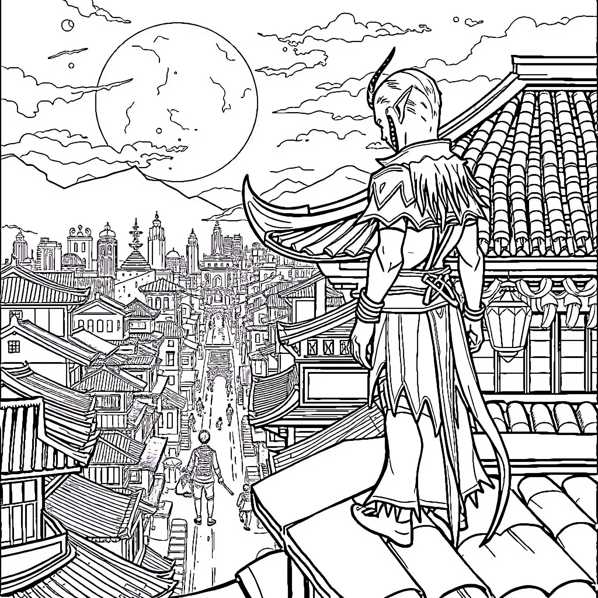 Elf overlooking fantastical city at night Coloring Page (free black-and-white line drawing printable PDF for all, from beginners to advanced learners, including children, teens, adults, and seniors)