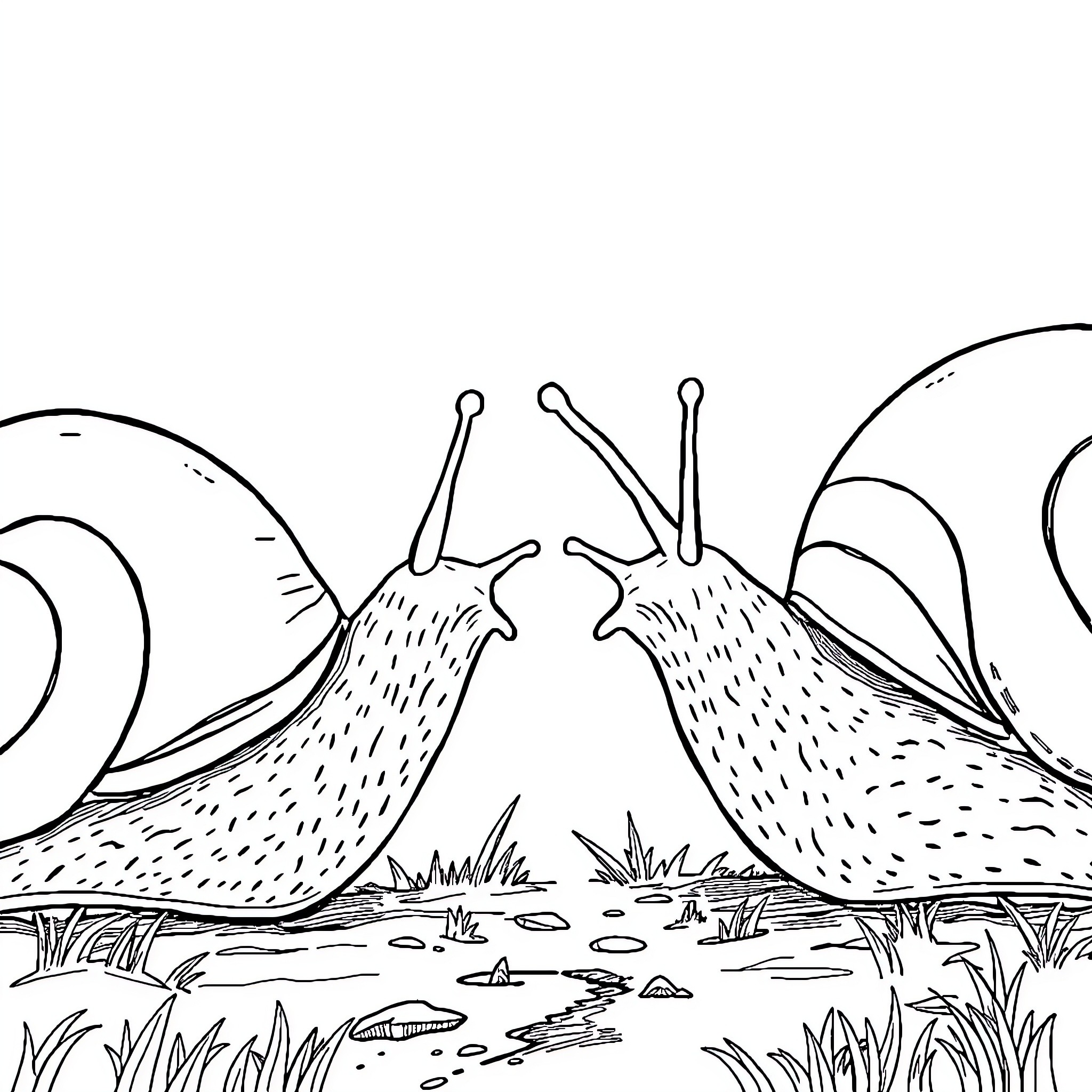 Snail exploring a whimsical landscape Coloring Page (free black-and-white line drawing printable PDF for all, from beginners to advanced learners, including children, teens, adults, and seniors)