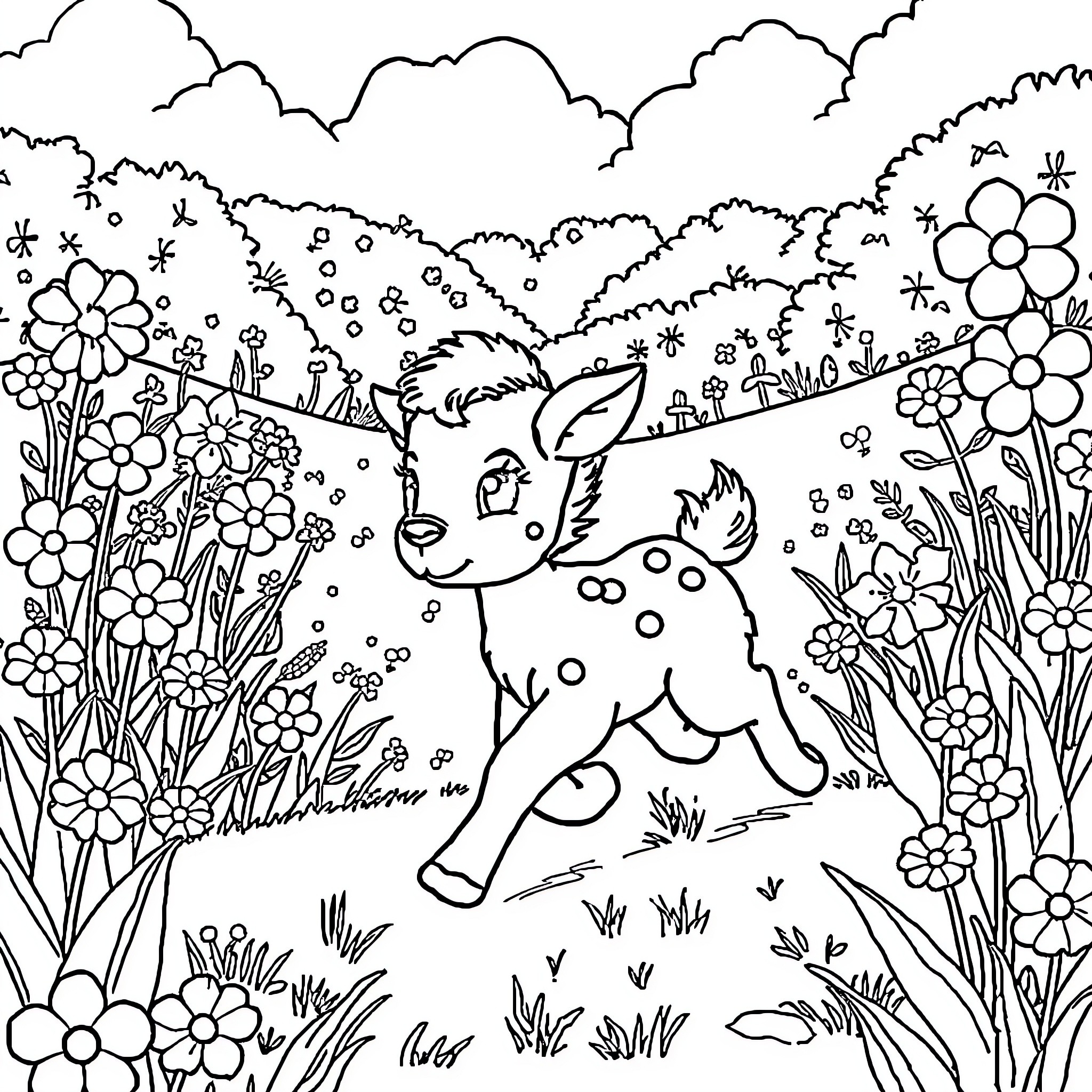 Girl playing with cute deer in flower garden Coloring Page (free black-and-white line drawing printable PDF for all, from beginners to advanced learners, including children, teens, adults, and seniors)