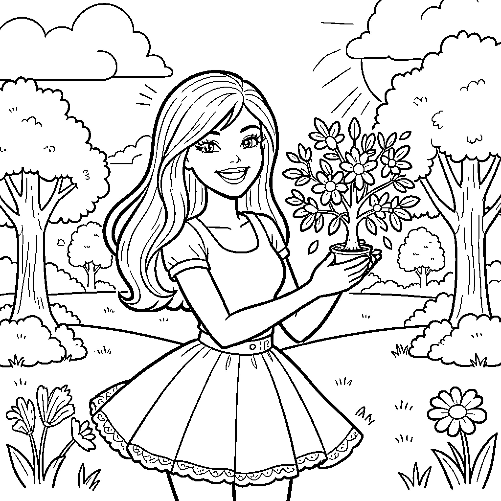 Barbie enjoying nature's beauty in the outdoors Coloring Page (free black-and-white line drawing printable PDF for all, from beginners to advanced learners, including children, teens, adults, and seniors)