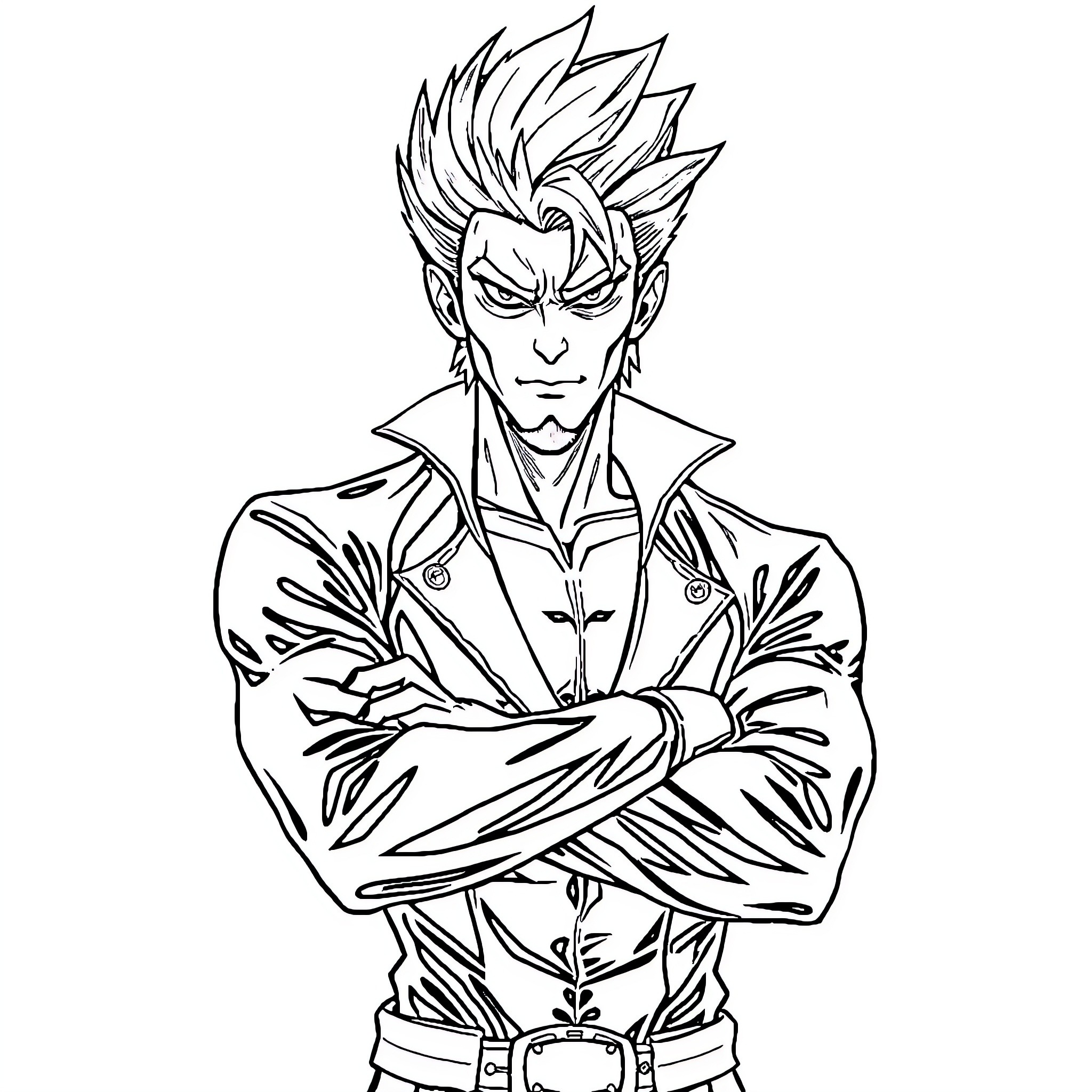 Grimmjow Jaggerjack in a confident, determined pose Coloring Page (free black-and-white line drawing printable PDF for all, from beginners to advanced learners, including children, teens, adults, and seniors)