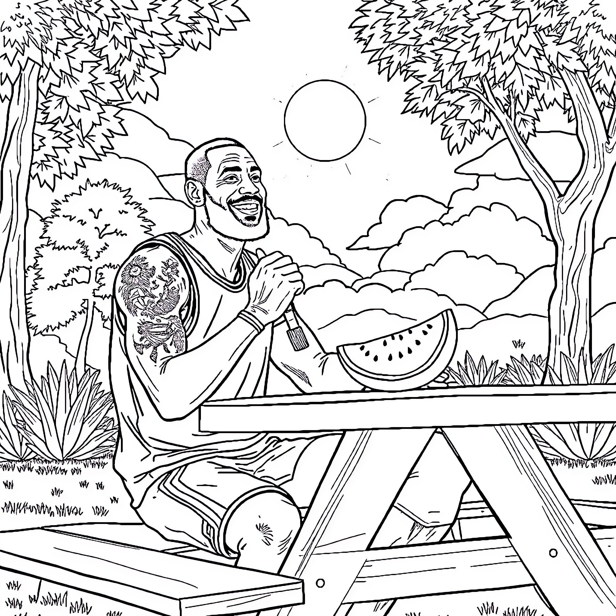 LeBron James enjoying a refreshing watermelon in nature Coloring Page (free black-and-white line drawing printable PDF for all, from beginners to advanced learners, including children, teens, adults, and seniors)