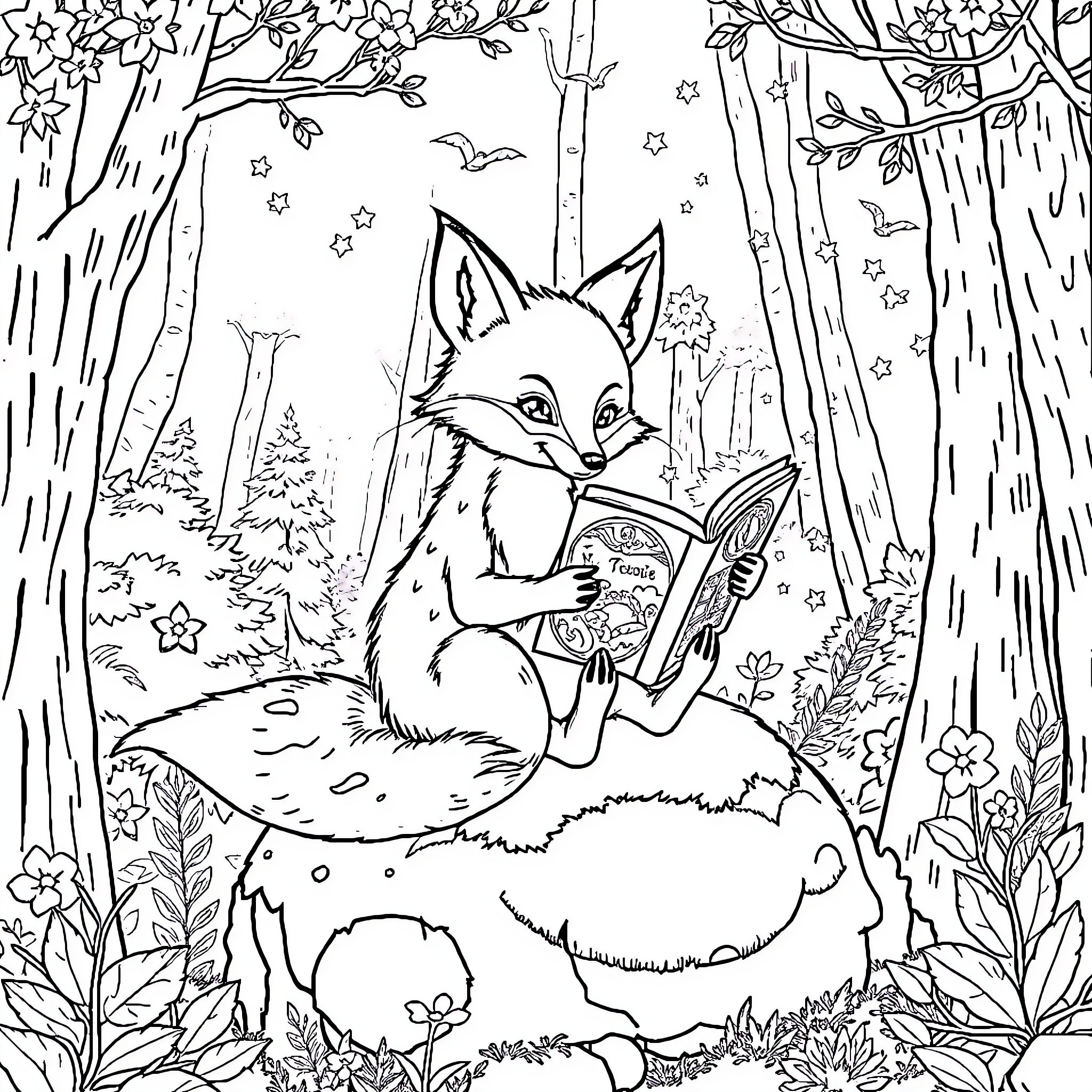 Fox reading magical book in enchanted forest Coloring Page (free black-and-white line drawing printable PDF for all, from beginners to advanced learners, including children, teens, adults, and seniors)