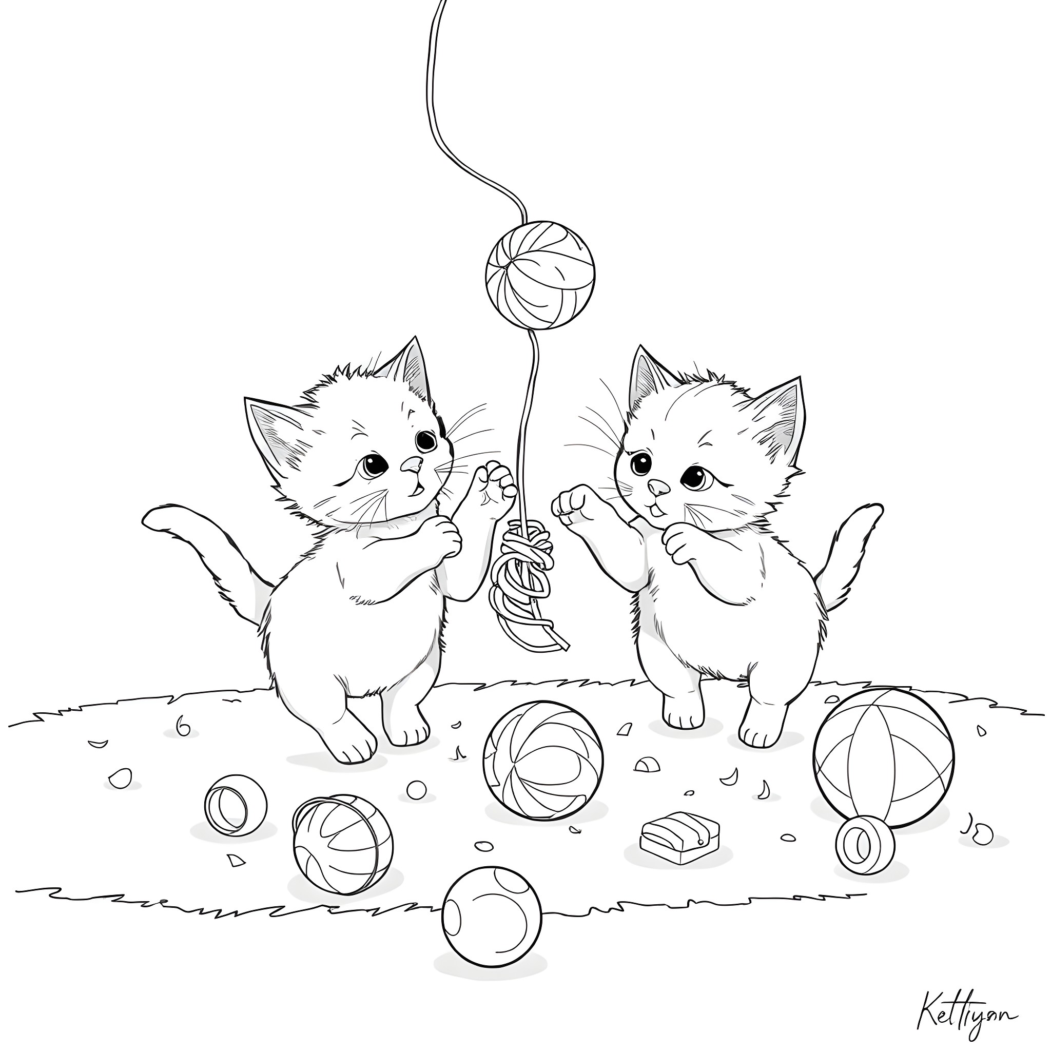 Kittens playing with yarn balls on the floor Coloring Page (free black-and-white line drawing printable PDF for all, from beginners to advanced learners, including children, teens, adults, and seniors)