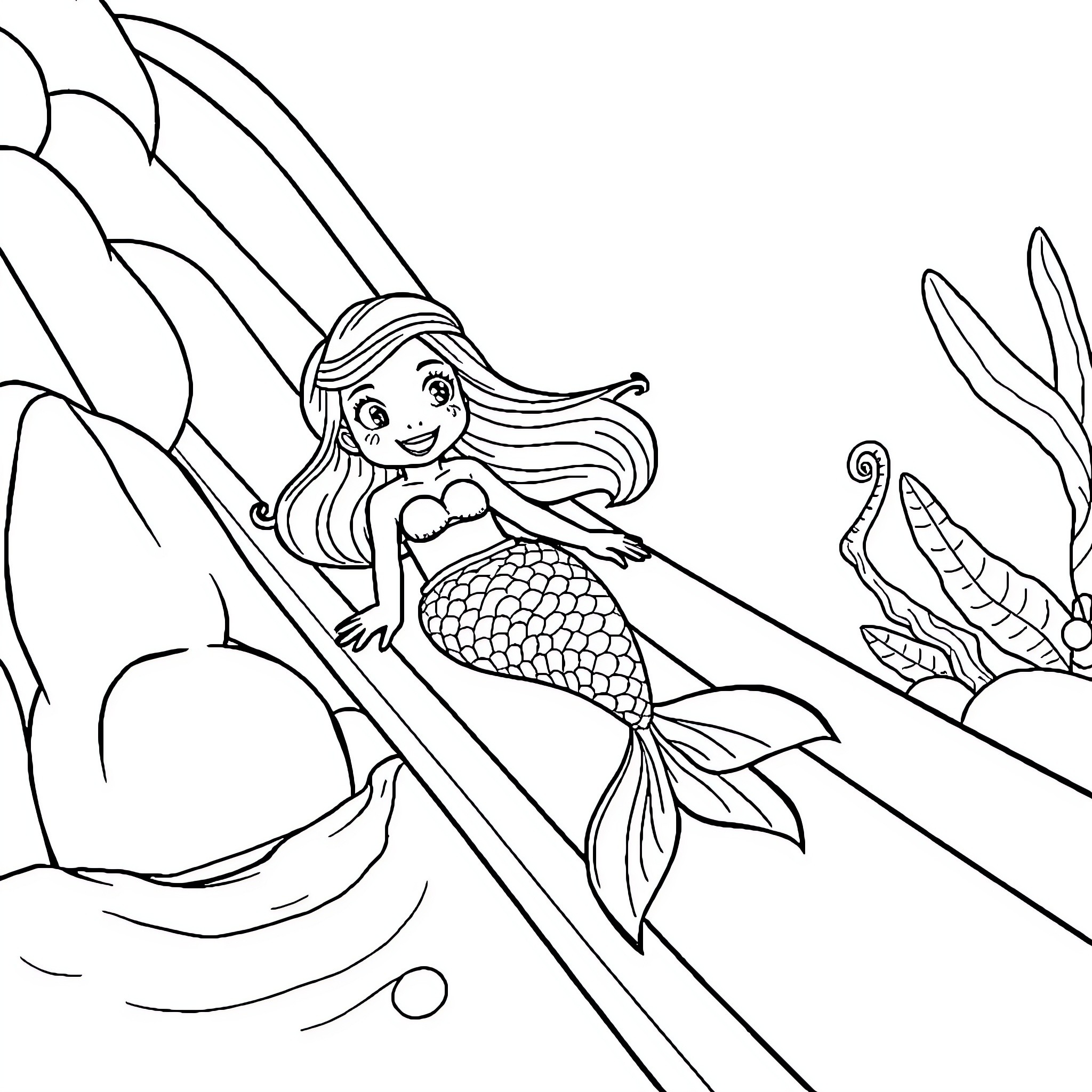 Mermaid swimming under the sea Coloring Page (free black-and-white line drawing printable PDF for all, from beginners to advanced learners, including children, teens, adults, and seniors)