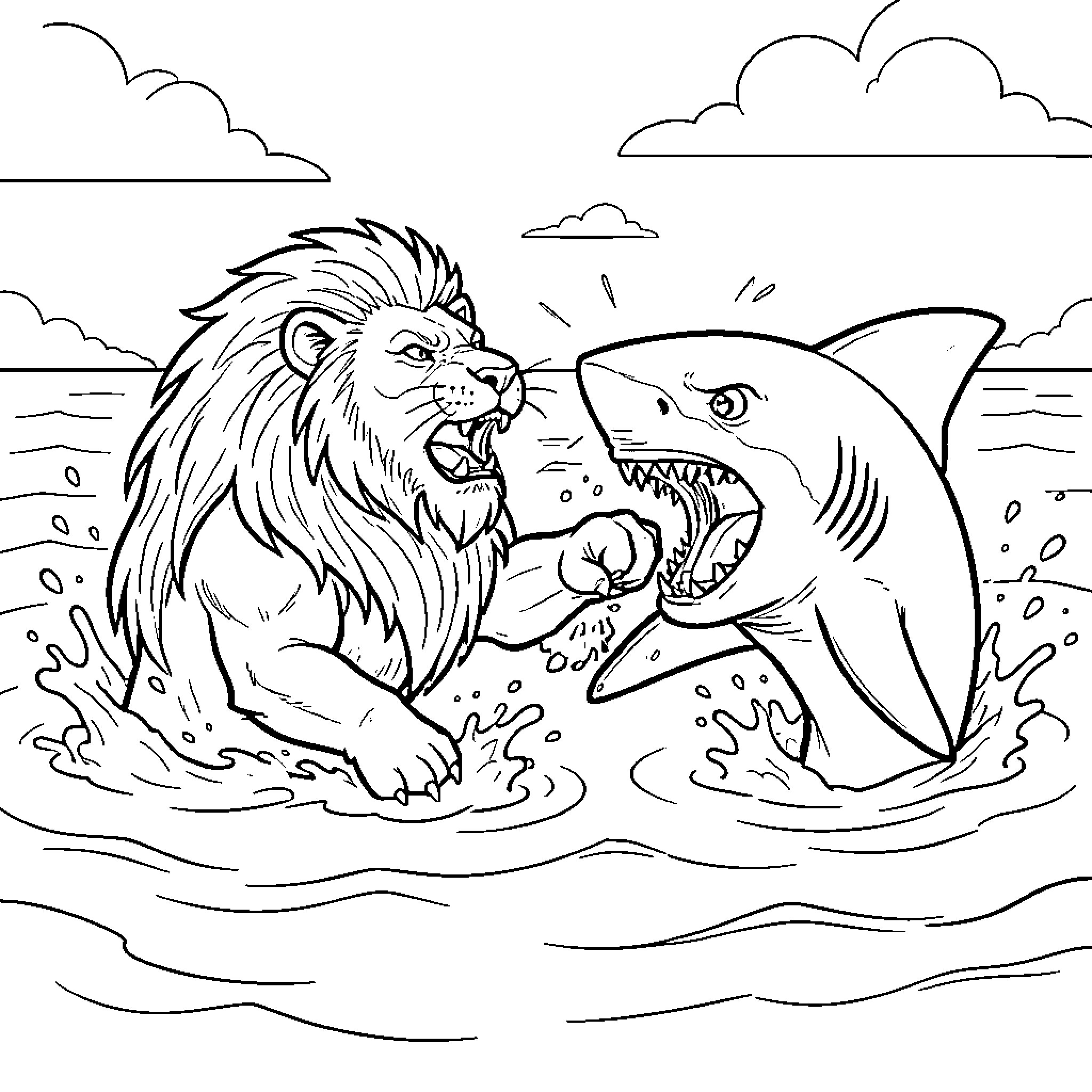 Leon's fierce battle with the mighty shark in the ocean Coloring Page (free black-and-white line drawing printable PDF for all, from beginners to advanced learners, including children, teens, adults, and seniors)