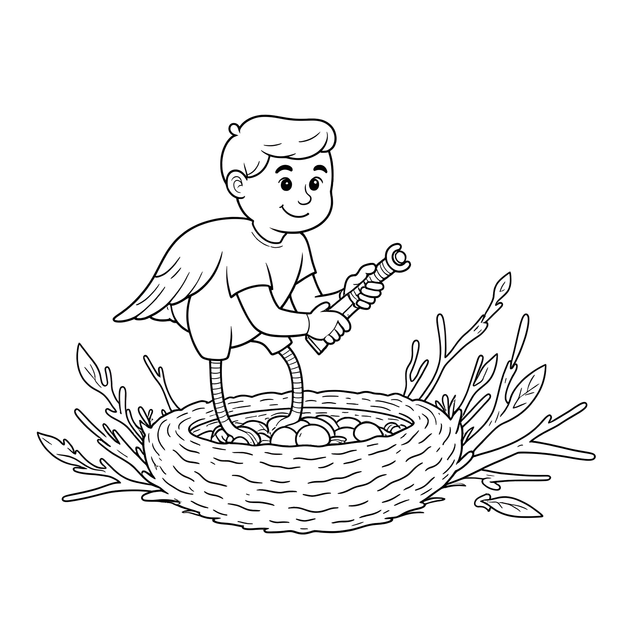 Handyman fixing bird's nest with eggs Coloring Page (free black-and-white line drawing printable PDF for all, from beginners to advanced learners, including children, teens, adults, and seniors)