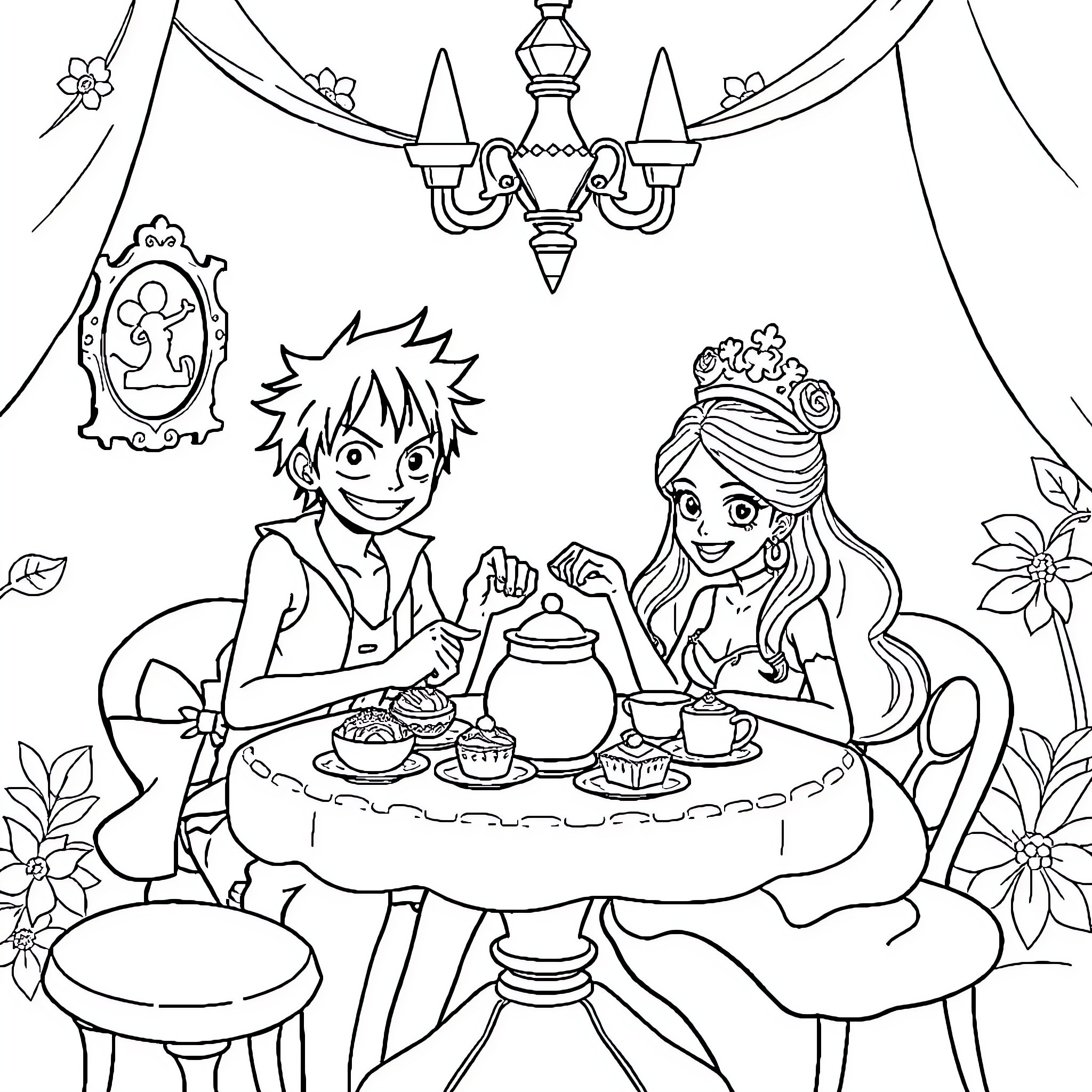 Luffy and Princess Enjoying Tea Party Together Coloring Page (free black-and-white line drawing printable PDF for all, from beginners to advanced learners, including children, teens, adults, and seniors)