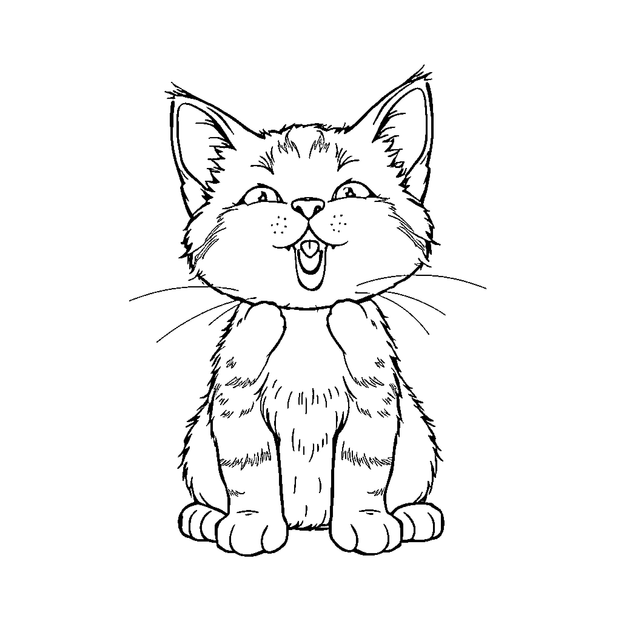 Cat with joyful expression Coloring Page (free black-and-white line drawing printable PDF for all, from beginners to advanced learners, including children, teens, adults, and seniors)