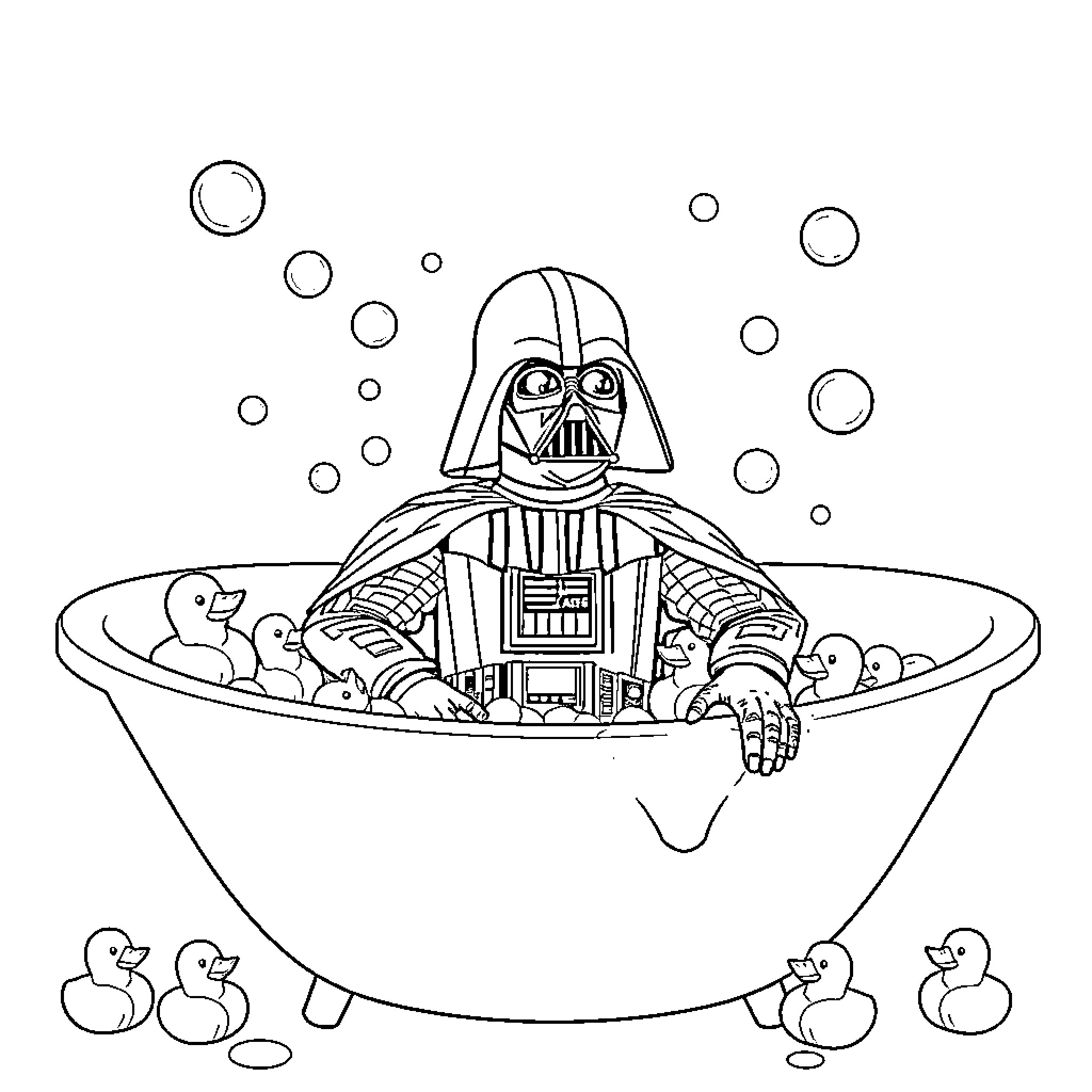 Darth Vader takes a relaxing bath with rubber ducks Coloring Page (free black-and-white line drawing printable PDF for all, from beginners to advanced learners, including children, teens, adults, and seniors)