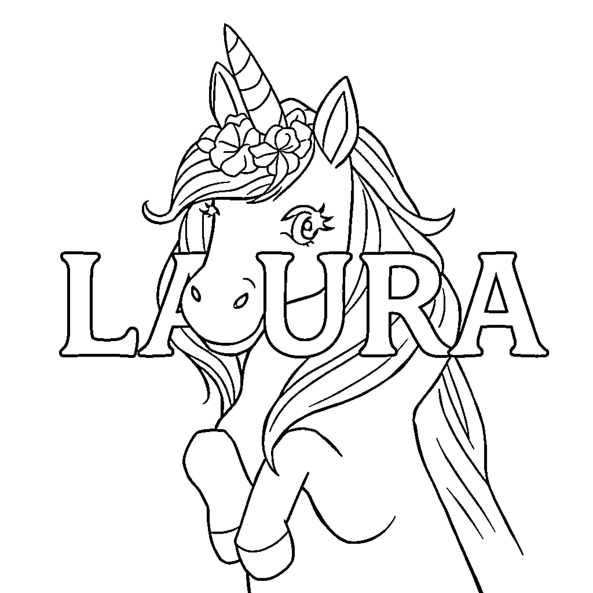 Unicorn with floral crown and name Coloring Page (free black-and-white line drawing printable PDF for all, from beginners to advanced learners, including children, teens, adults, and seniors)