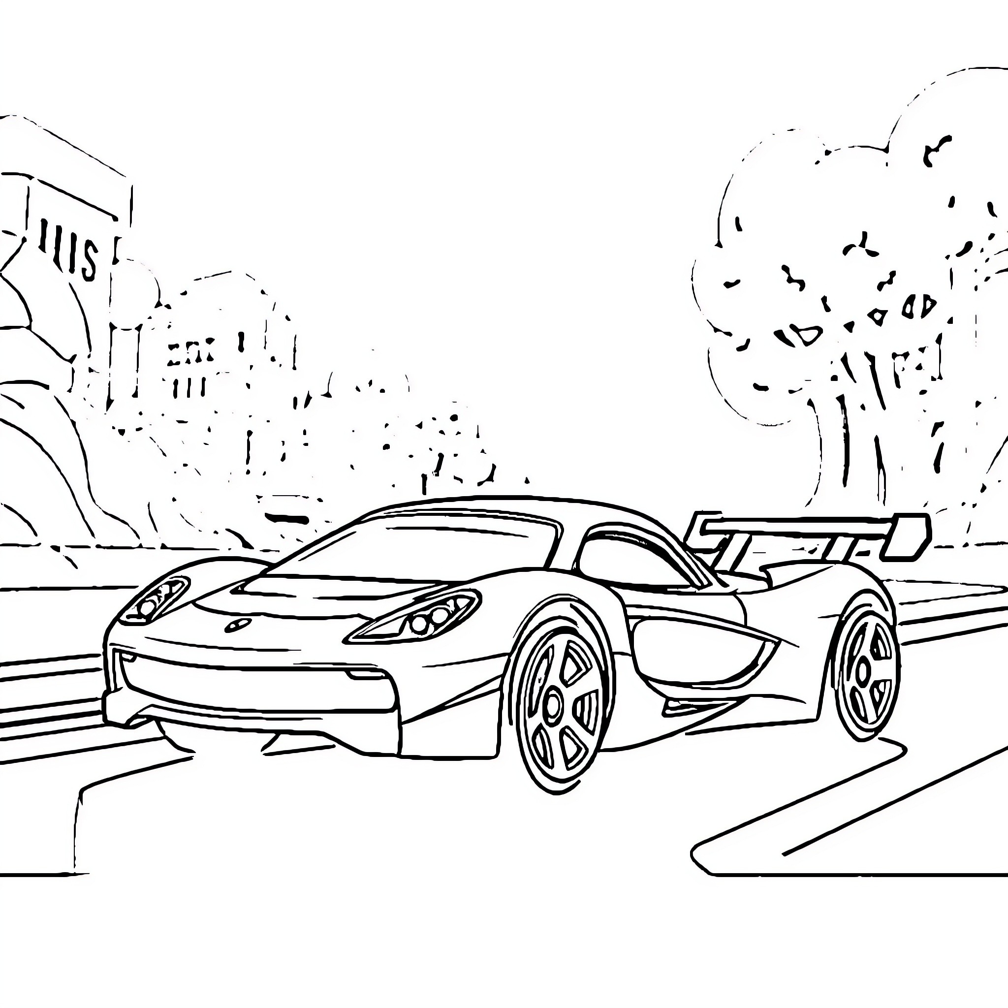 Hot Wheels racing car speeding through city streets Coloring Page (free black-and-white line drawing printable PDF for all, from beginners to advanced learners, including children, teens, adults, and seniors)