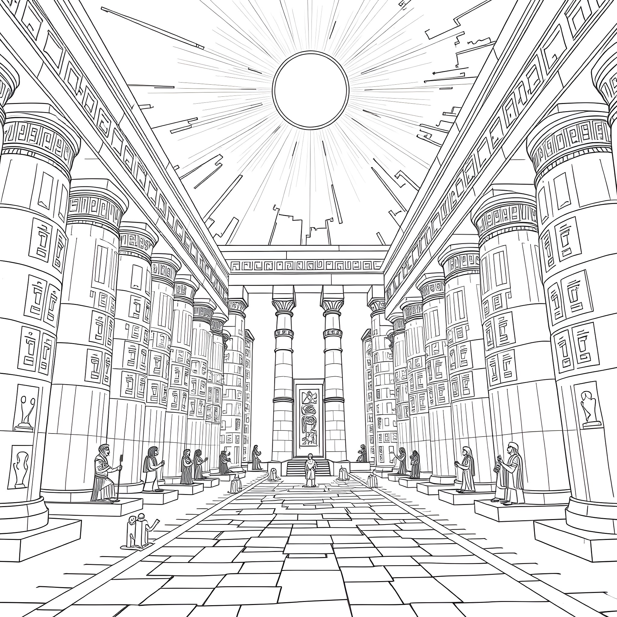 Life in a grand ancient hall with sunlight streaming in Coloring Page (free black-and-white line drawing printable PDF for all, from beginners to advanced learners, including children, teens, adults, and seniors)